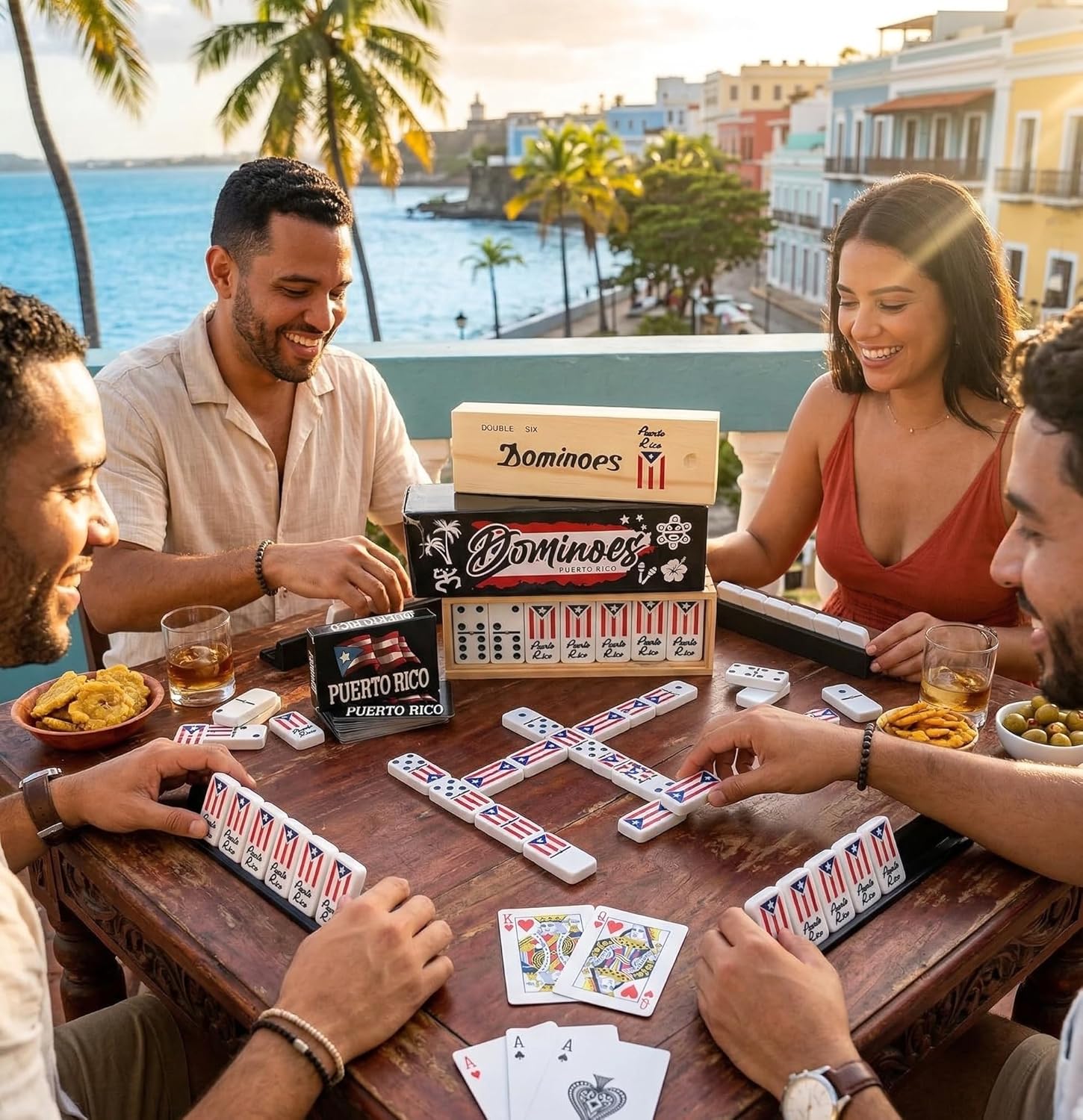 Puerto Rico Dominoes Double Six Set & Puerto Rican Cards Classic 28 Tile Set & Full Deck with Flag Design Fun, Culture Inspired, Travel Ready Set Boricua Theme Domino Pack with Cards