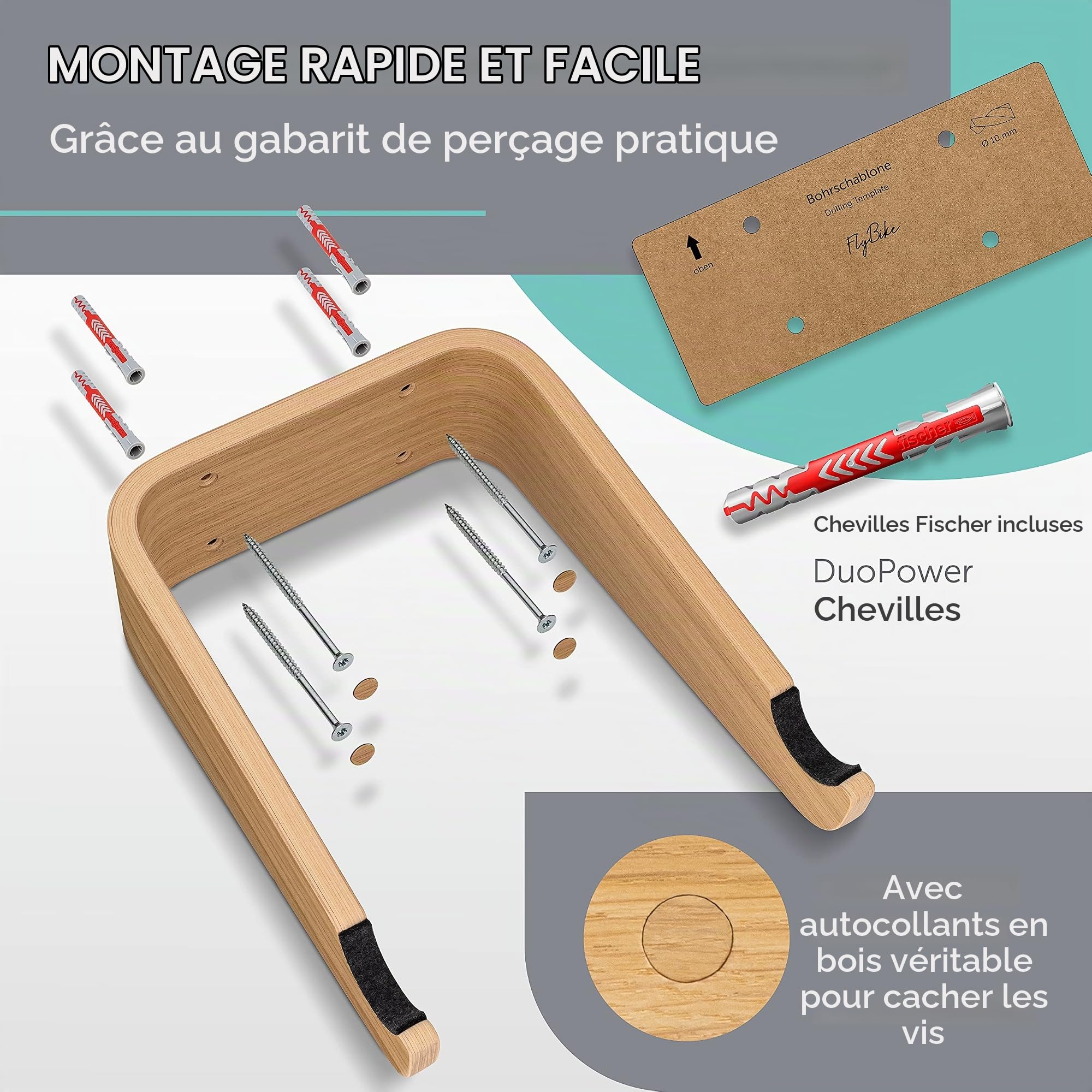 Support mural pour vélo en bois - FlyBike M Chêne - Support mural de vélo design pour appartement - Pour vélo de course, vélo de gravel, vélo de montagne, fixie, vélo singlespeed