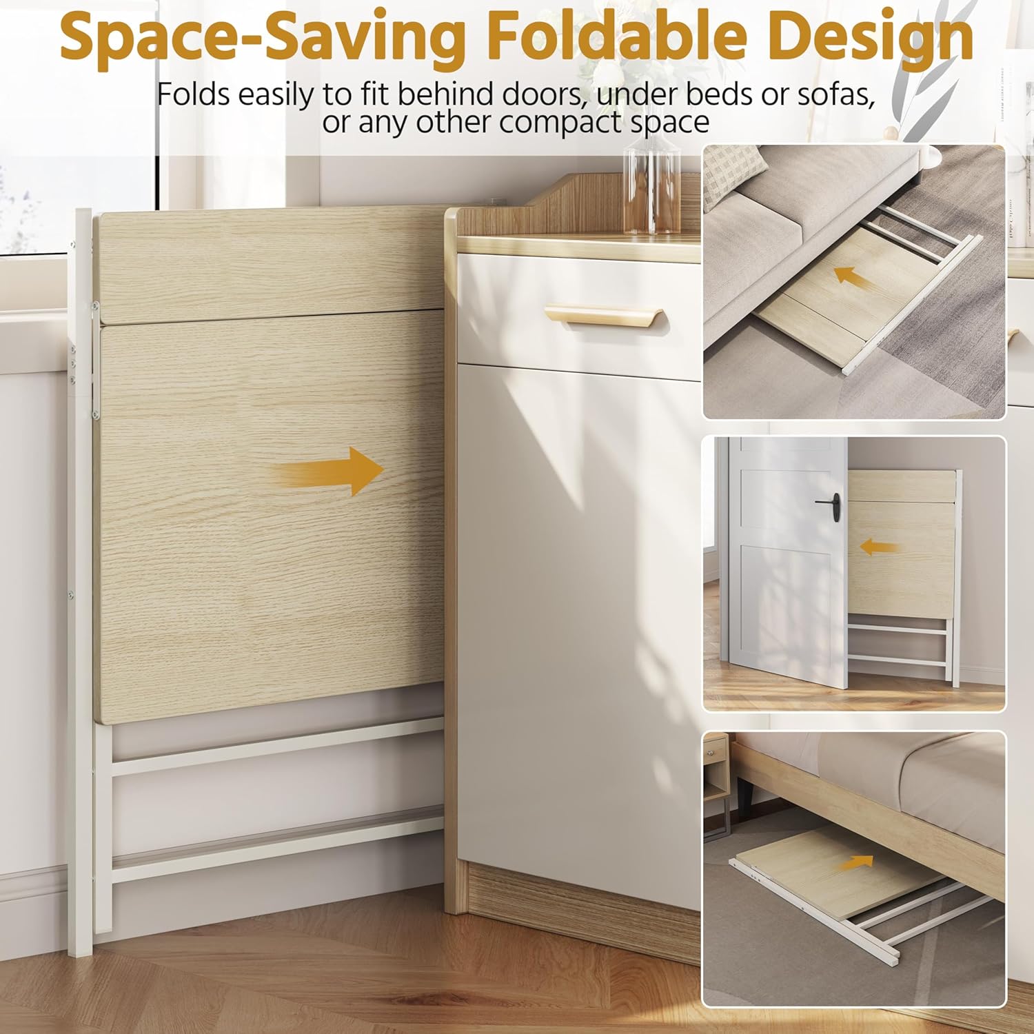 Images showing the folded desk stored in various compact spaces like behind a door, under a bed, and next to a sofa