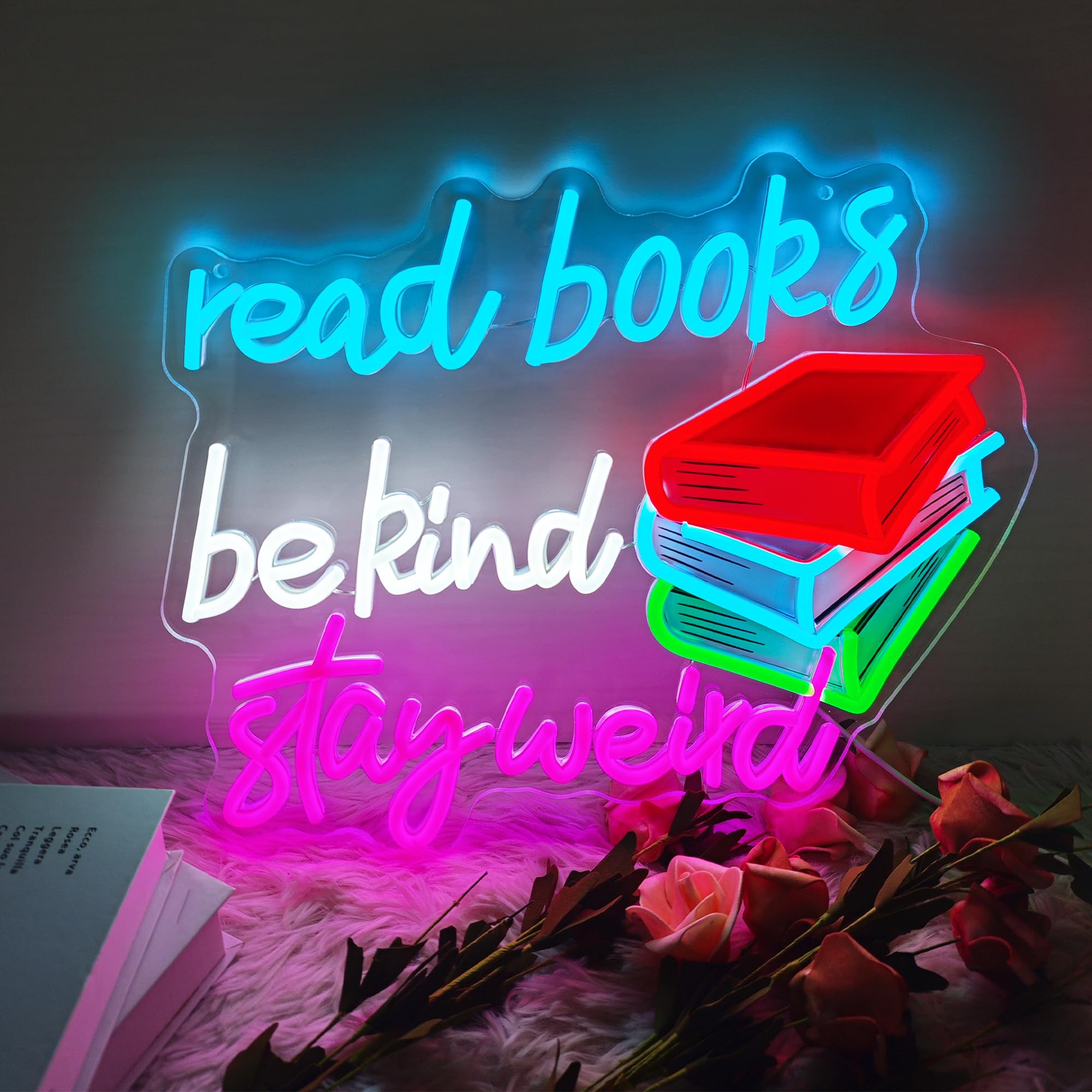 Read Books Be Kind Stay Weird Neon Sign Dimmable LED USB Powered Neon Light UP for Classroom Wall Decor Art Positive Bedroom Library Study Room Home for Student Kid Teen Birthday Party Christmas