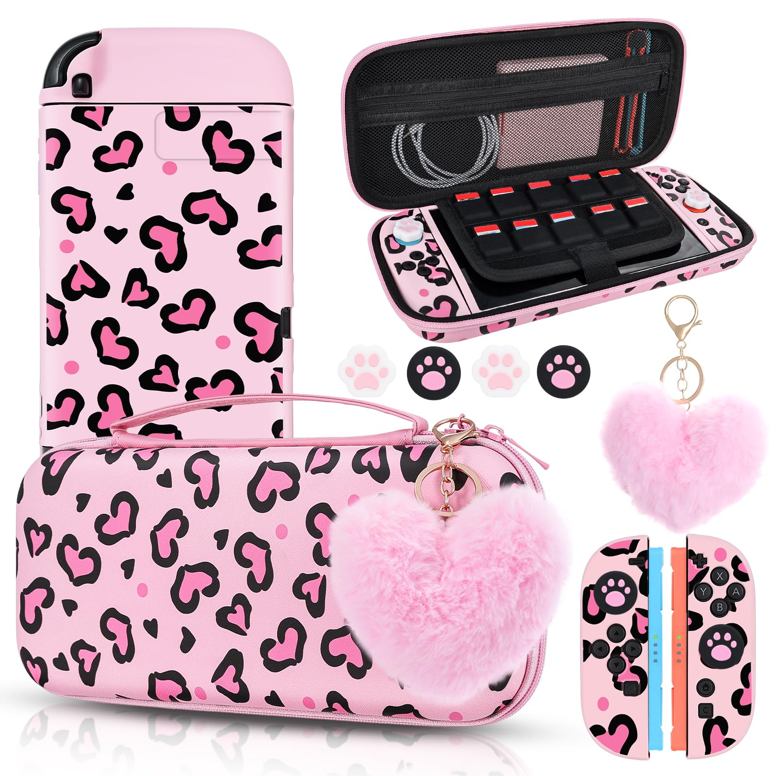 DLseego Carry Case for Switch 2,Heart Leopard Portable Storage Travel Game Carrying Case with NS 2 Dockable Protective Cover,4PCS Thumb Grip Cap and 1PC Plush Heart Charm,Purple — view 10
