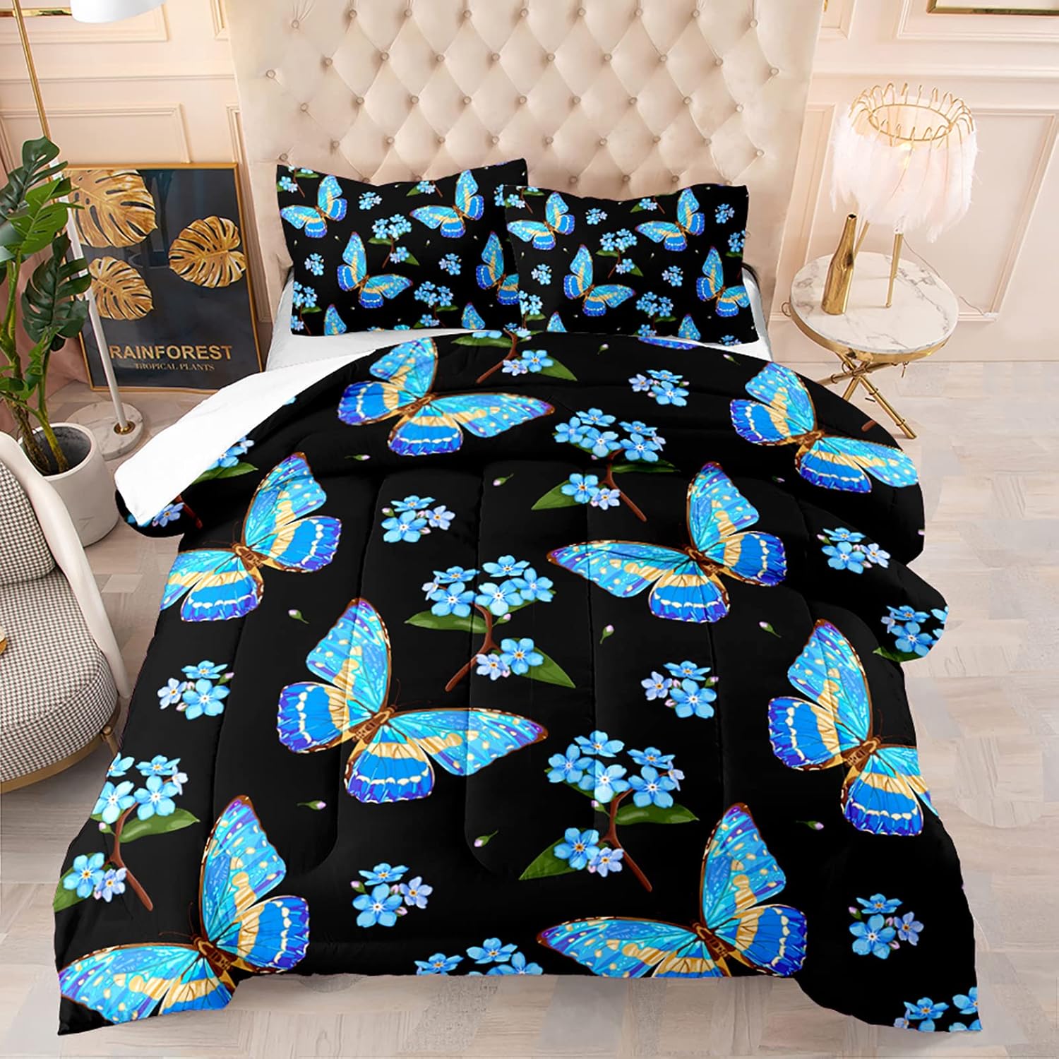 QOOMO Butterfly Comforter Full Size,Blue Butterfly Kids