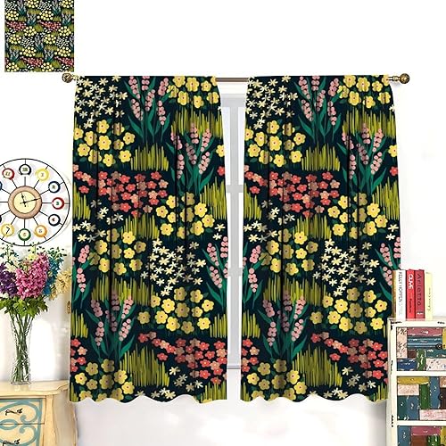 Miniatura 20 de Retro 70s Floral Blackout Window Curtains, Watercolor Flower Plant Rustic Modern Style Pattern Window Drapes, for Bedroom Living Room 42x45in 2