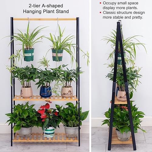 Miniatura 2 de COPREE Soporte de bambú para plantas colgantes de 2 niveles, estantes para macetas de flores, estante organizador de macetas múltiple, estante