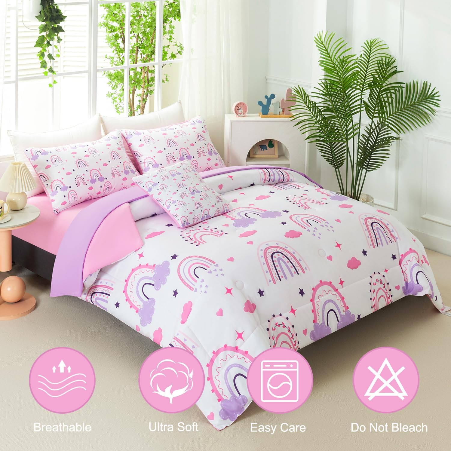 Rainbow Twin Bedding Sets for Girls, 6 Pcs Pink Purple Cloud Print Kids Comforter Set with Sheets, Soft Lightweight Teen Girl Bed in A Bag for Children Bedroom (Purple Rainbow, Twin) - Image 2