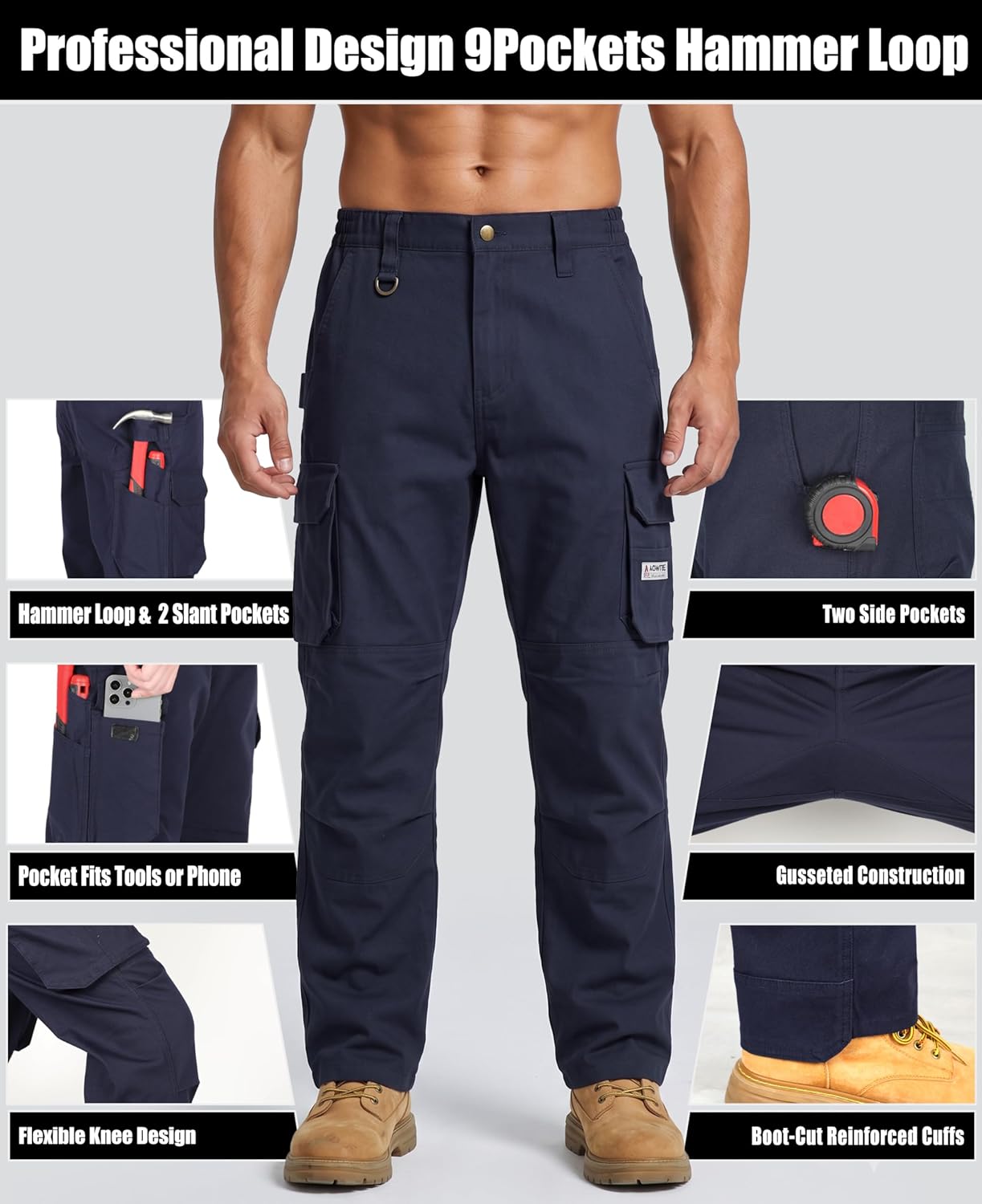 KONRECO FR Pants for Men Utility Cargo Pockets Flame Resistant Carpenter Jeans 8.5oz Stretch Soft Relaxed Fit NFPA2112 CAT2