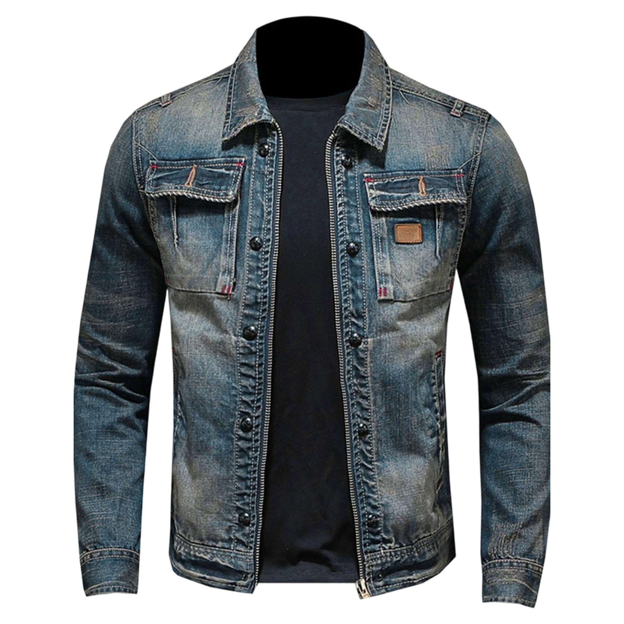 Mens Classic Slim Fit Motorcycle Denim Jacket Coat Vintage Distressed Stretch Casual Zipper Trucker Jean Jackets