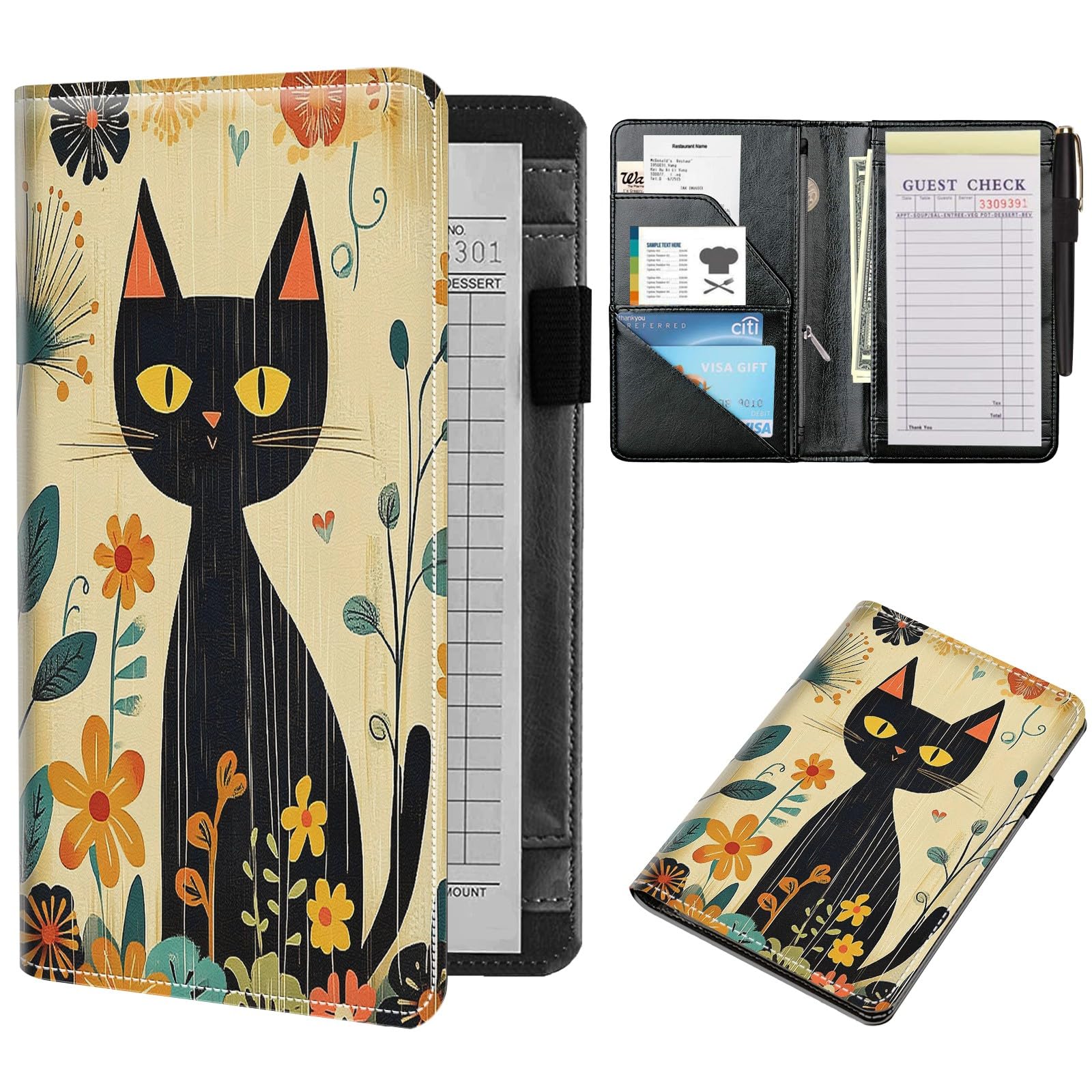 NLZQTTBD Server Books for Waitress Cute Waitress Book PU Leather Server Book with Zipper Wallet Black Serving Book Organizer Fit Server Apron,Abstract Doodle Cat
