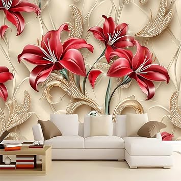 Non-Woven Wallpaper 3D Photo Wallpaper Luxurious Red Lilies with Golden Ornaments Modern Flowers Wallpaper for Living Room Bedroom Dining Room Office Wall Decoration 350 x 256 cm