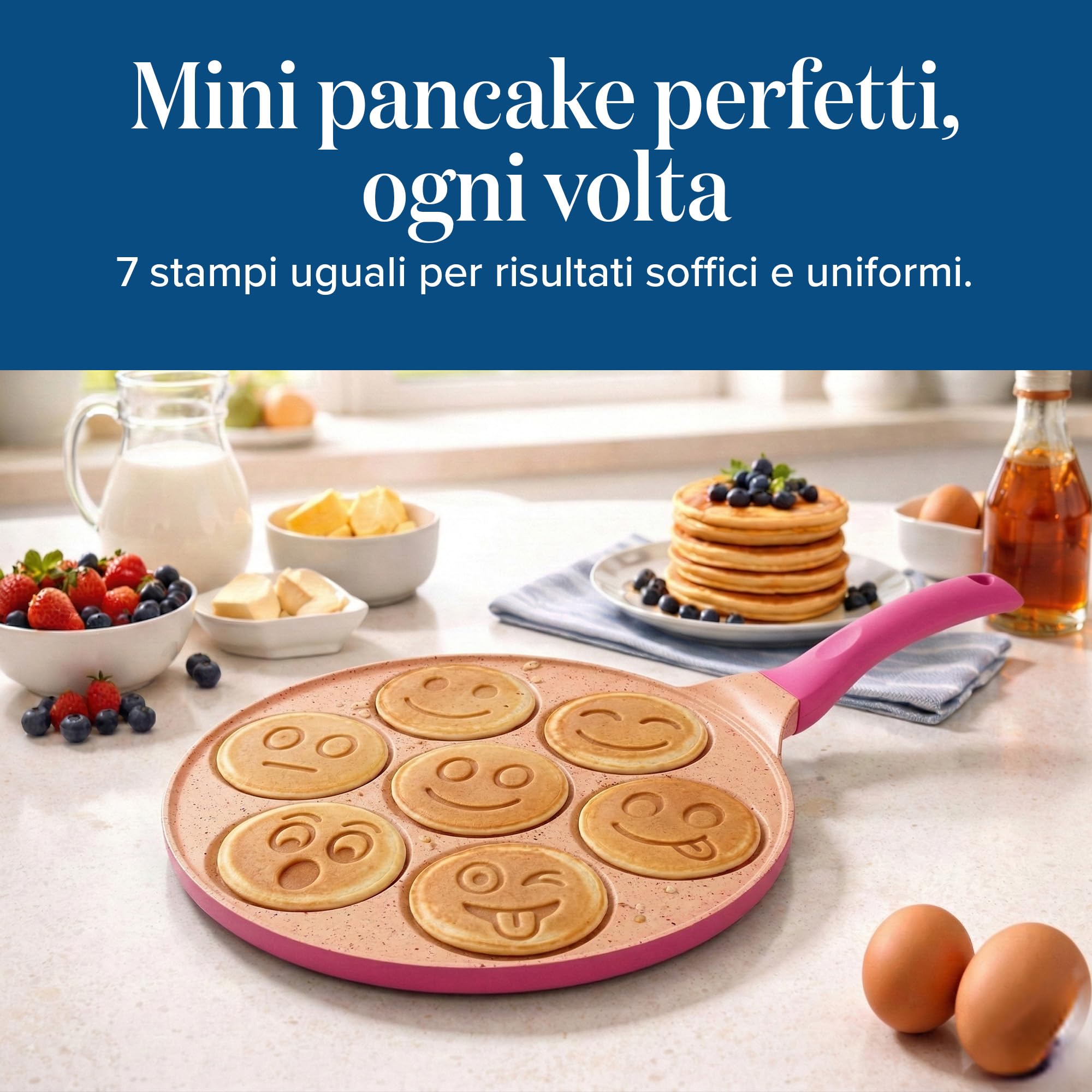 Joeji's Kitchen Teglia per pancake a 7 fori 26,5 cm Smiley - Alluminio antiaderente leggero - Induzione elettrica a gas - Mini pancake pancake crêpe - Cucina divertente per bambini - Rosa