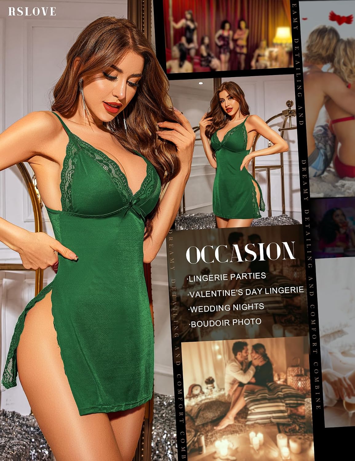 RSLOVE Women's Lingerie Sexy Nightgown Lace Babydoll Deep V Chemise Side Slit Nightie Sleepwear