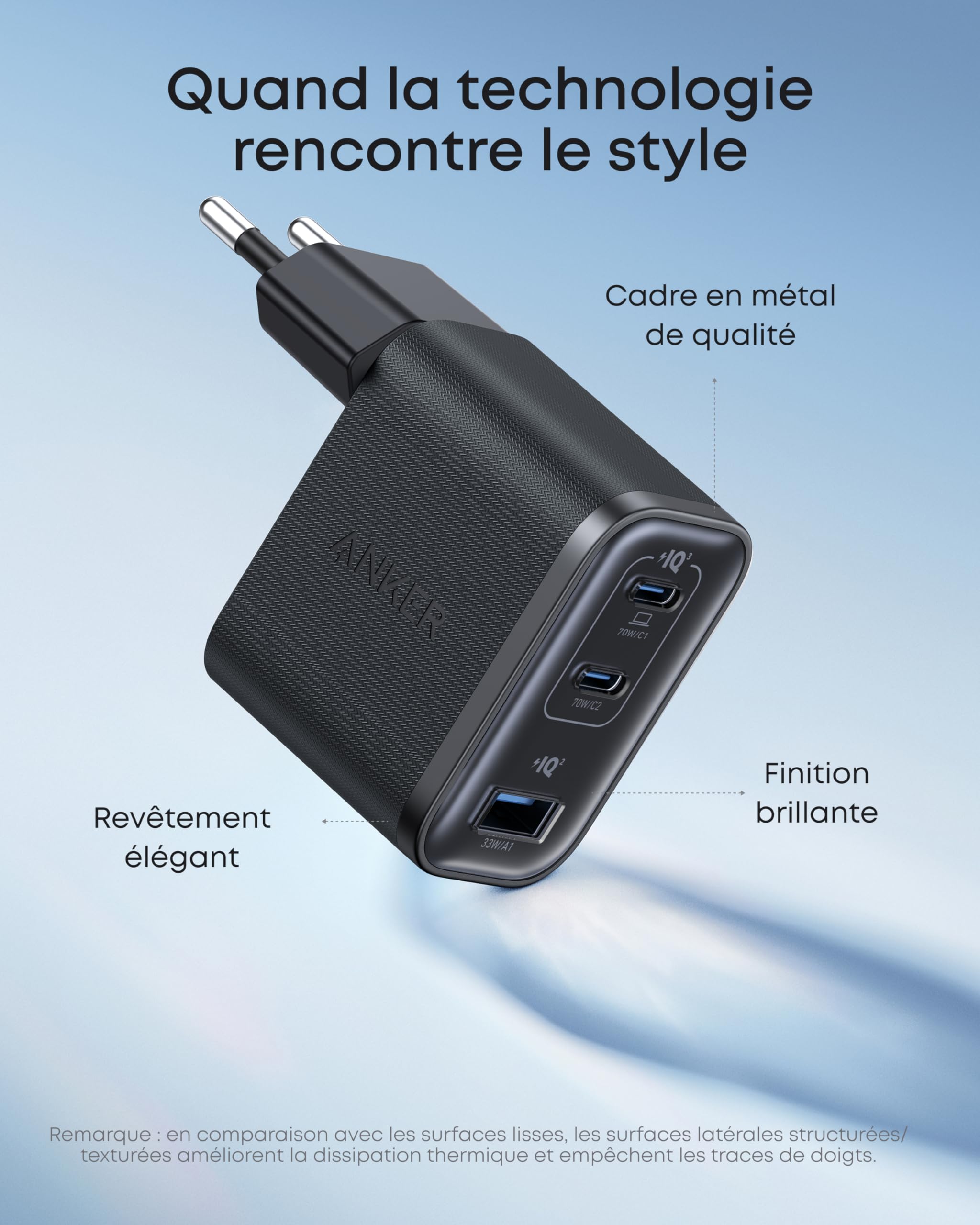 Anker Chargeur USB C 70W Nano 3 Ports, Recharge Rapide Ordinateur Portable avec Sortie UltraFast, Compact et Élégant, pour iPhone 17 16 15, MacBook Air, iPad, Pixel, Galaxy, et Autres (Câble Inclus)