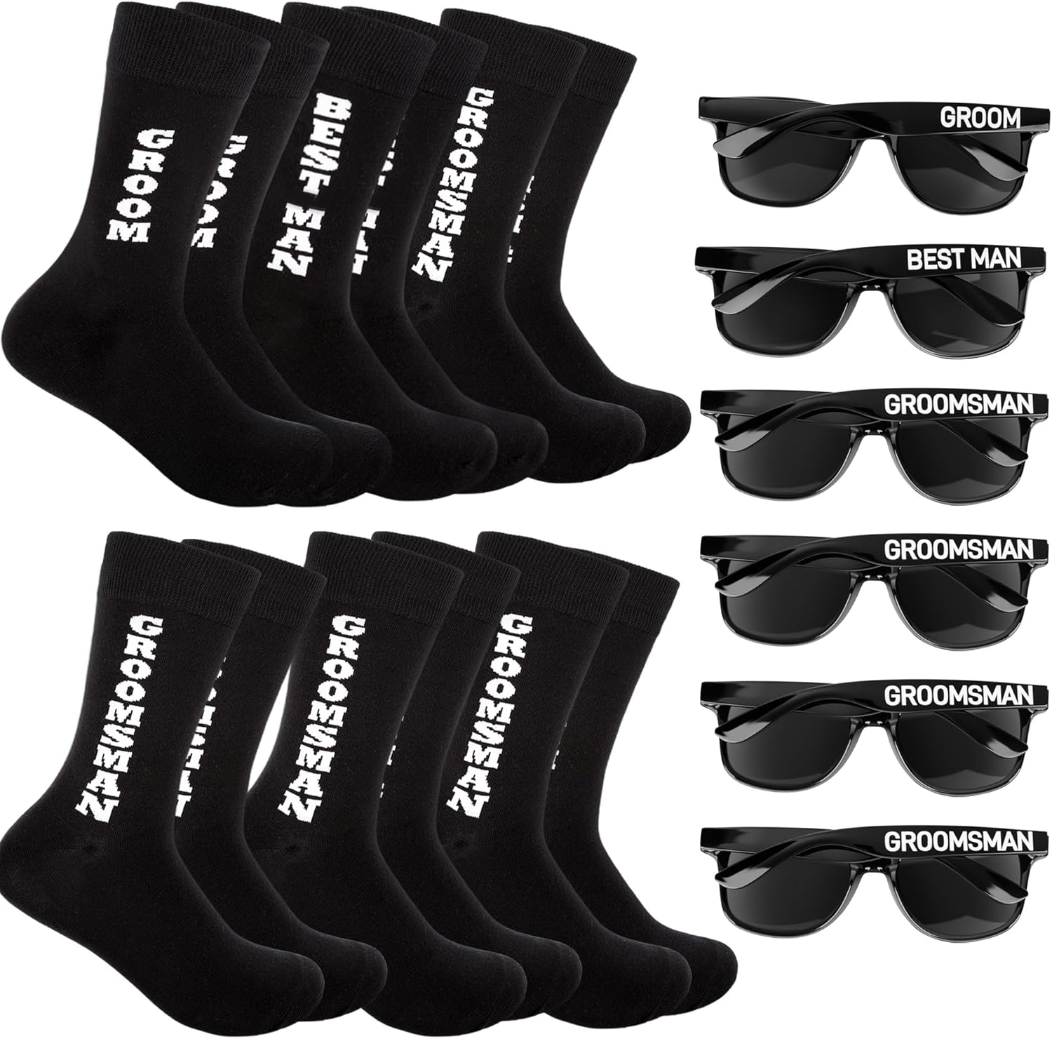 12 Set Groomsmen Proposal Gifts Including 6 Pairs Black Cotton Soft Groomsmen Best Man Socks 6 Pcs Groomsman Black Sunglasses for Bachelor Wedding Party Favors