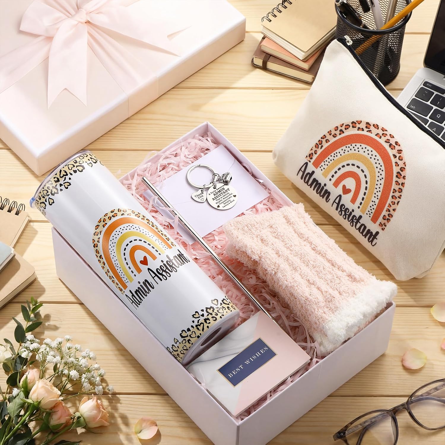 Geiserailie 8 Pcs Administrative Assistant Gifts for Women Including Large Tote Bag Cosmetic Bags Tumbler Cup Plush Socks Metal Keychain Card Administrative Professionals Day Gifts for Secretary Day