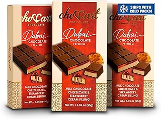 ChocCart Dubai Chocolate Premium Milk Chocolate Bar with Cheesecake & Strawberry Cream Filling, Gourmet Middle Eastern Chocolate, 3.35 oz– Viral Knafeh Chocolate Dessert Bar in Luxury Gift Box, Rich Milk (95g / 3.35 oz) - Made in Dubai (3 Pack, Cheesecake)