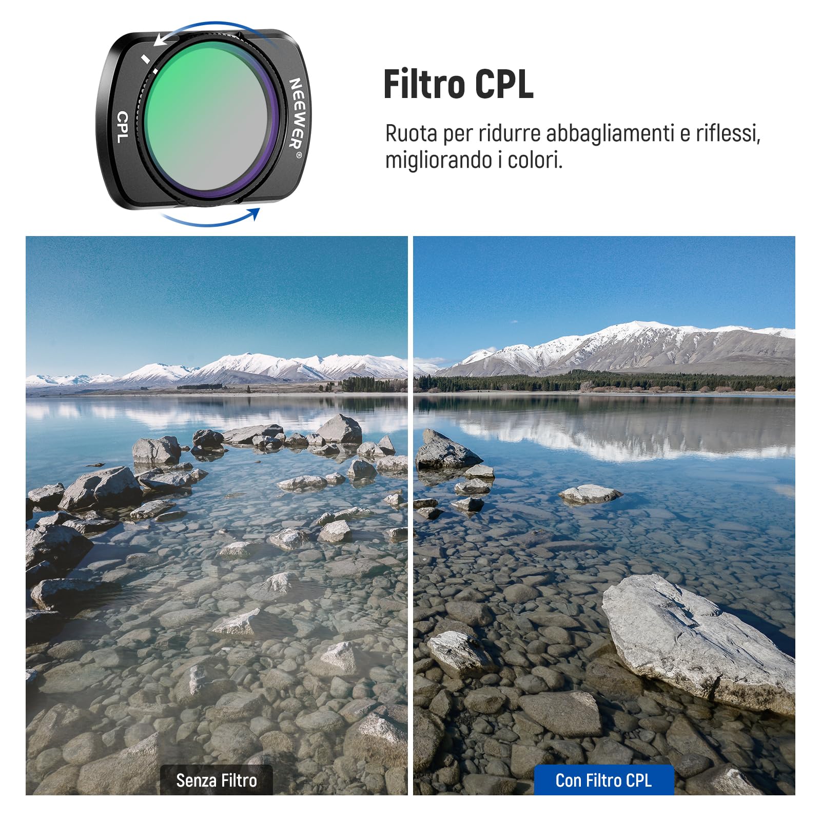 NEEWER Filtro ND Variabile Compatibile con DJI Osmo Pocket 3/Pocket 4/Xtra Muse con Obiettivo Grandangolare 0.75X a 180°e Protezione Schermo, Filtro Variabile ND2-32 + ND64-512 + CPL, FL-B15