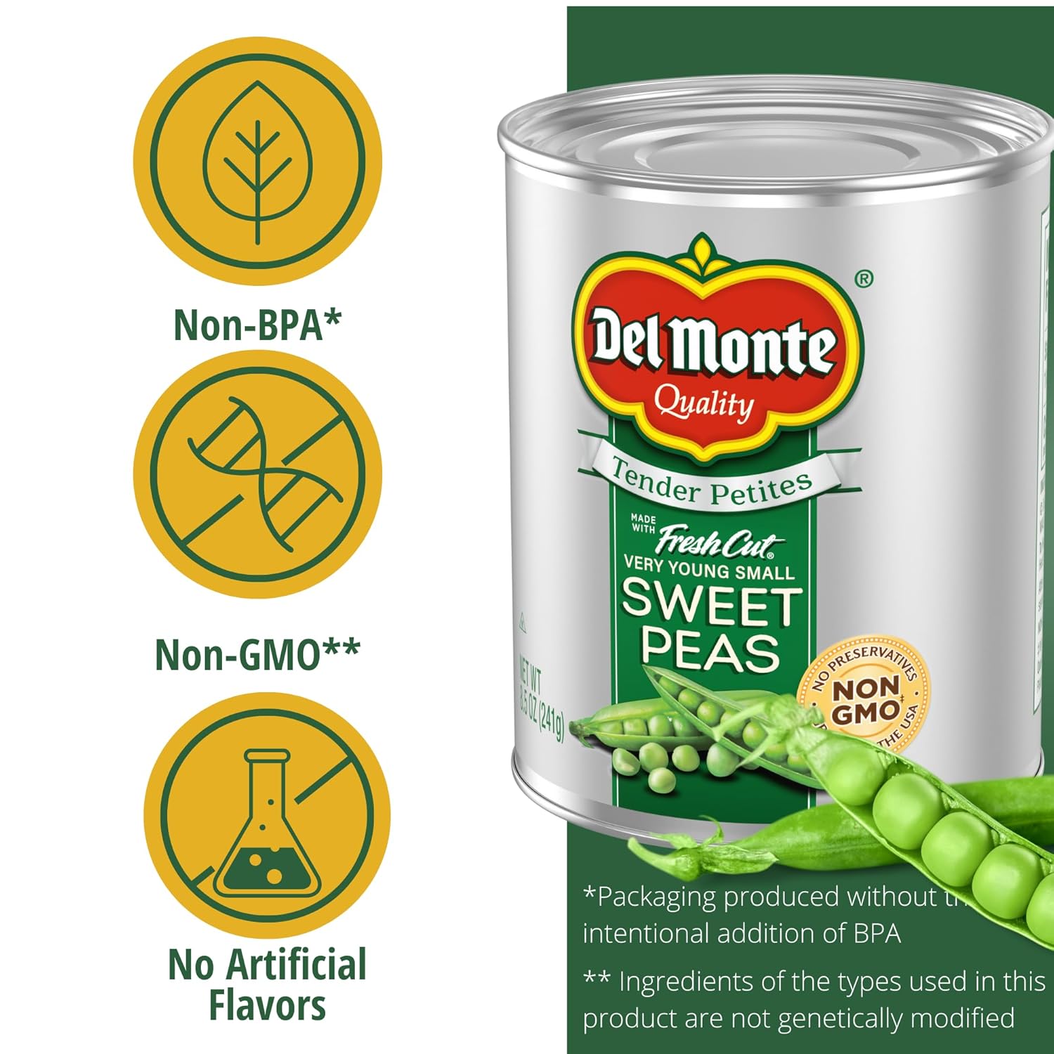 Del Monte Very Young Sweet Peas, 8.5 oz, Can (12 Pack)