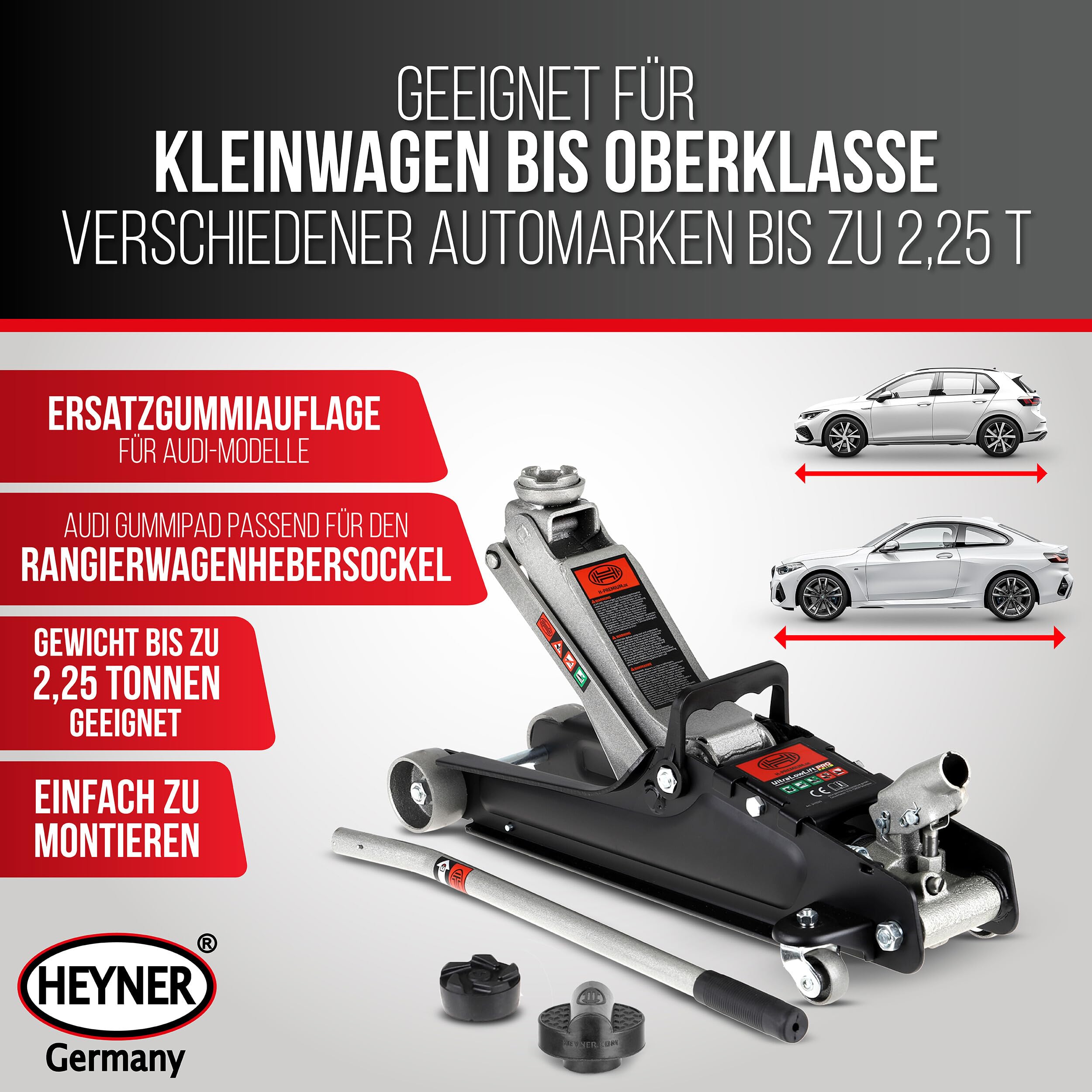 HEYNER® Zestaw hydraulicznych podnośników manewrowych 2,25 t – wyjątkowo płaski (85–380 mm), 2 koła obrotowe, gumowe talerze o średnicy 45 mm, w zestawie gumowa podkładka do samochodów marki Audi,