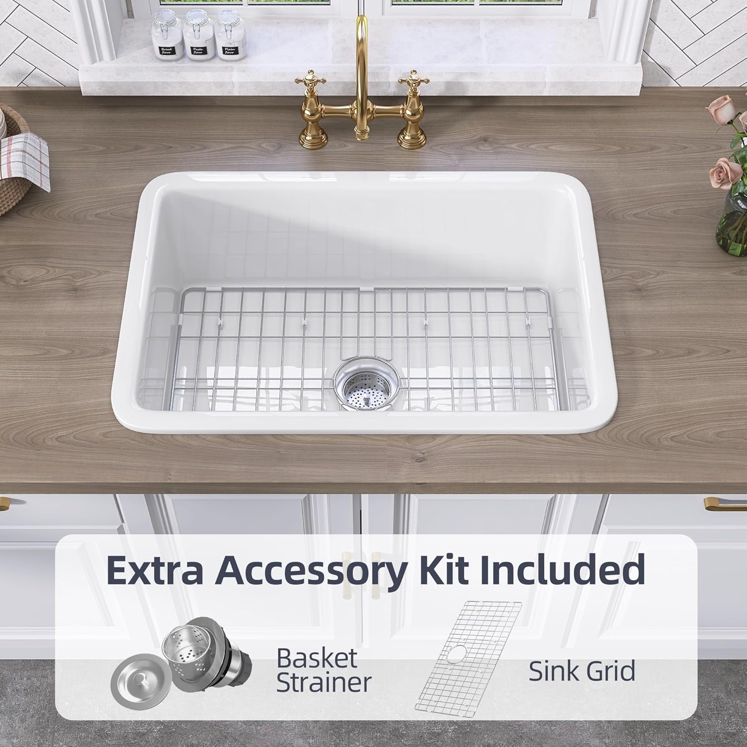 TUKTUK Undermount Kitchen Sink 32 x19 Fireclay Drop-in Farm Sink Porcelain Single Bowl Topmount Large & Deep Basin Luxury Accessory Kit Included
