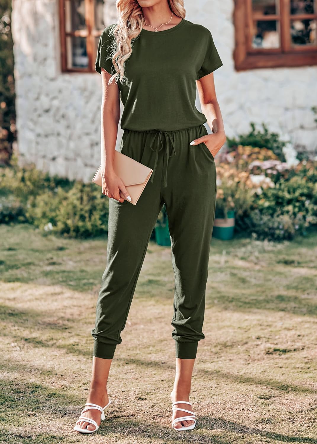 KIRUNDO Jumpsuits for Women Summer 2026 Casual Short Sleeve One Piece Outfits Drawstring Waist Long Pants Romper Jumpers - Image 3