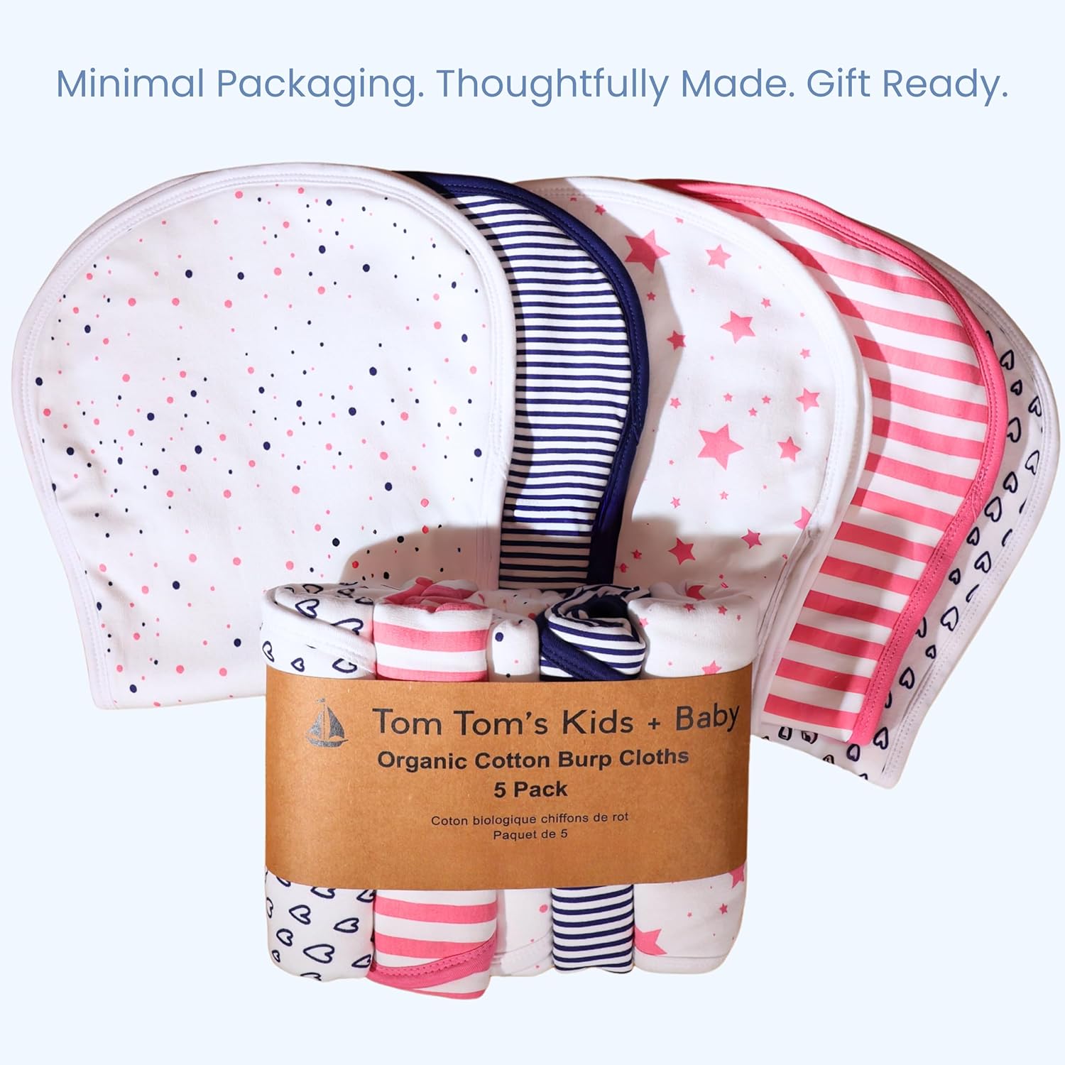 Tom Tom's Kids + Baby Organic Baby Burp Cloths 5 Pack - GOTS Certified Organic Cotton, Classic Contoured Figure-8 Design, Extra Absorbent, 22x11 in, Traditional Girls, Pink and Navy