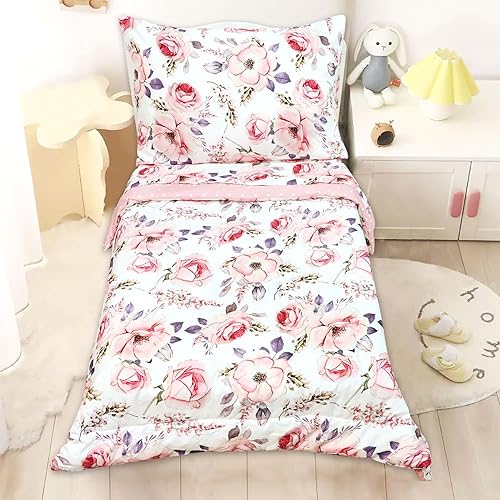 Juego de ropa de cama de 4 piezas para niños pequeños, juegos de edredón de flores para niñas, incluye edredón acolchado, sábana encimera, sábana