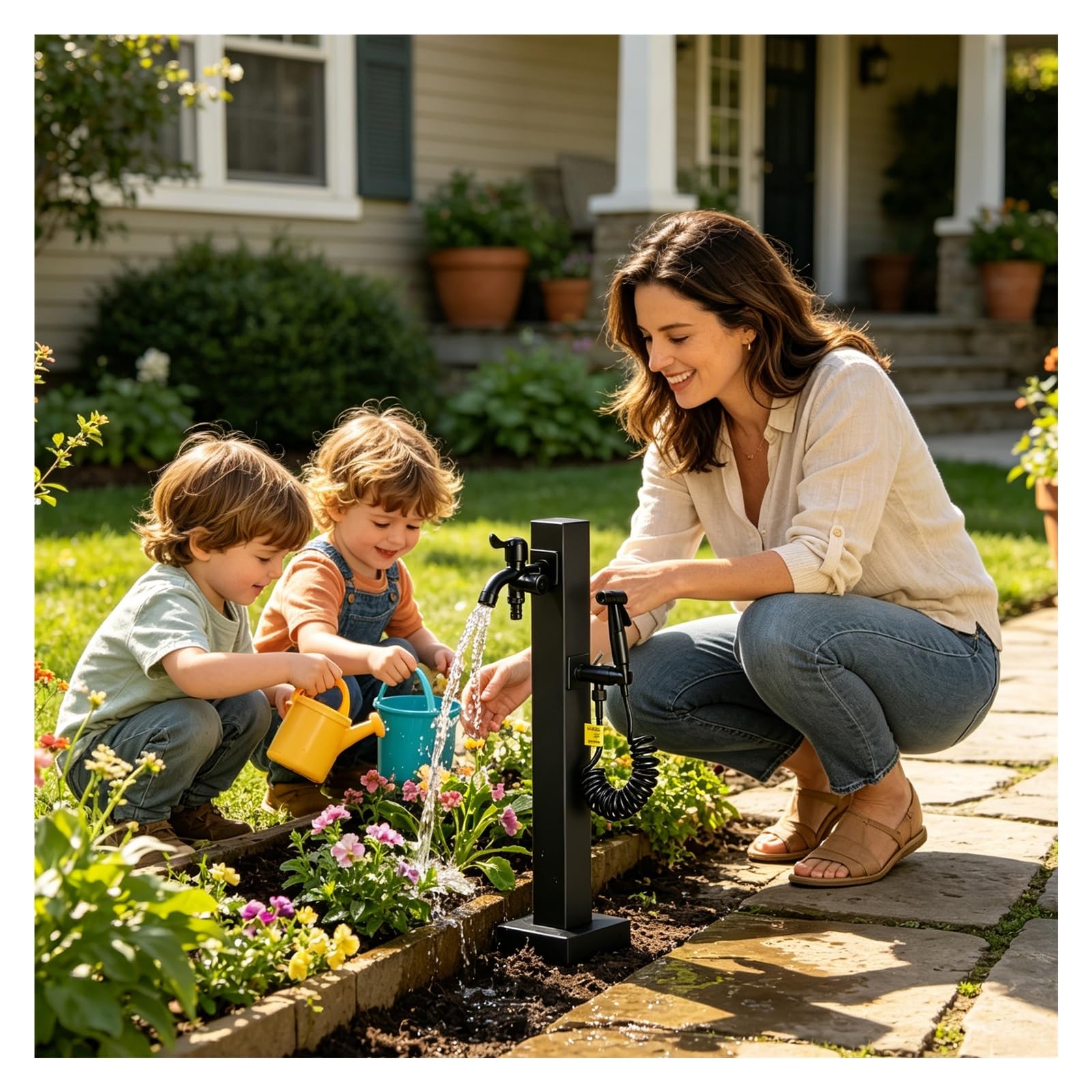 Vyrata W-2"/6Cm Vertical Square Garden Water Column, Freestanding Hose Stand With Faucet And Spray Gun, Black Yard Hydrant For Backyard(H-95Cm/37In)