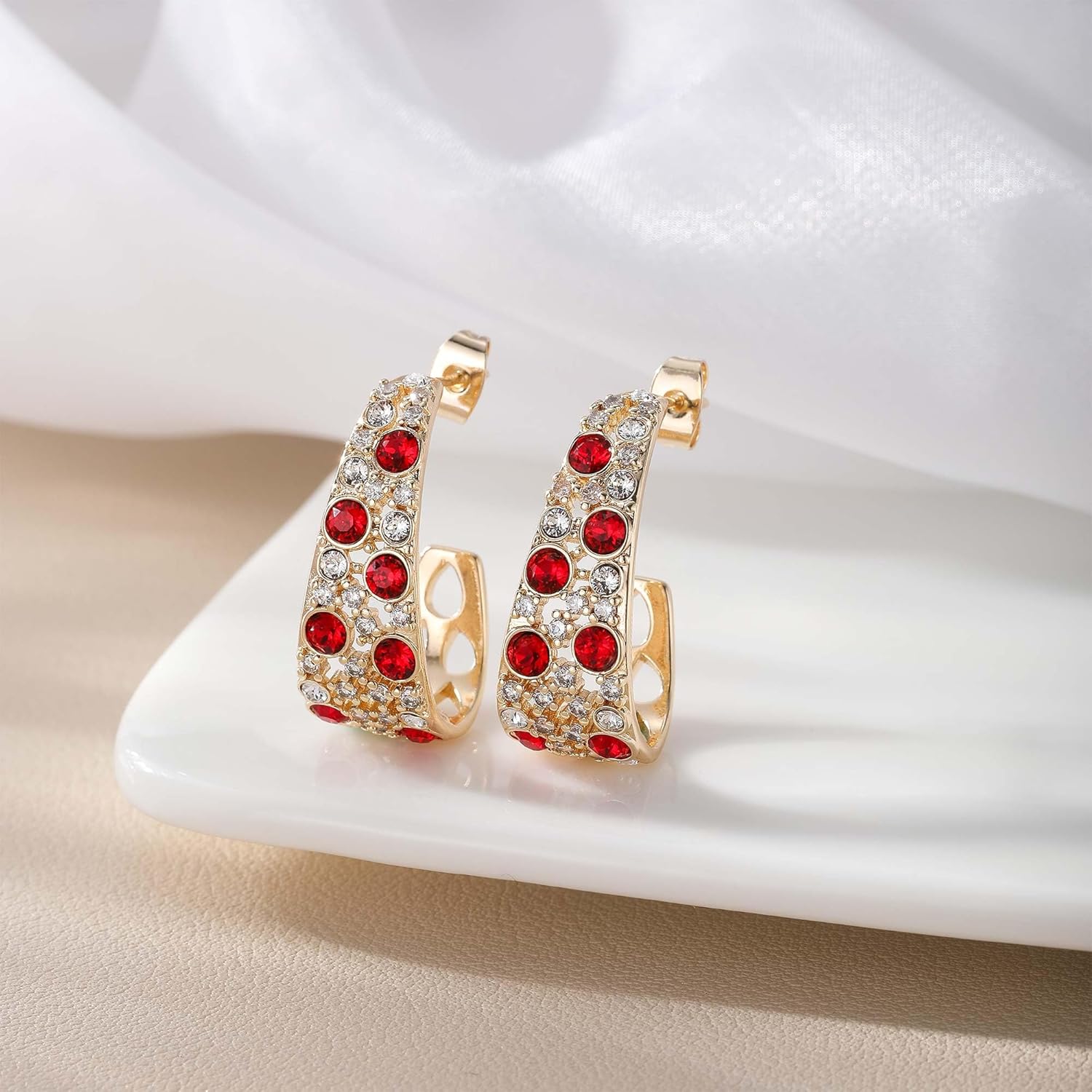 EVEVIC Stunning Multicolor Austrian Crystal Chunky Hoop Earrings for Women 14K Gold Plated Hypoallergenic Half Hoop Earring Trendy Jewelry Gift - Image 3