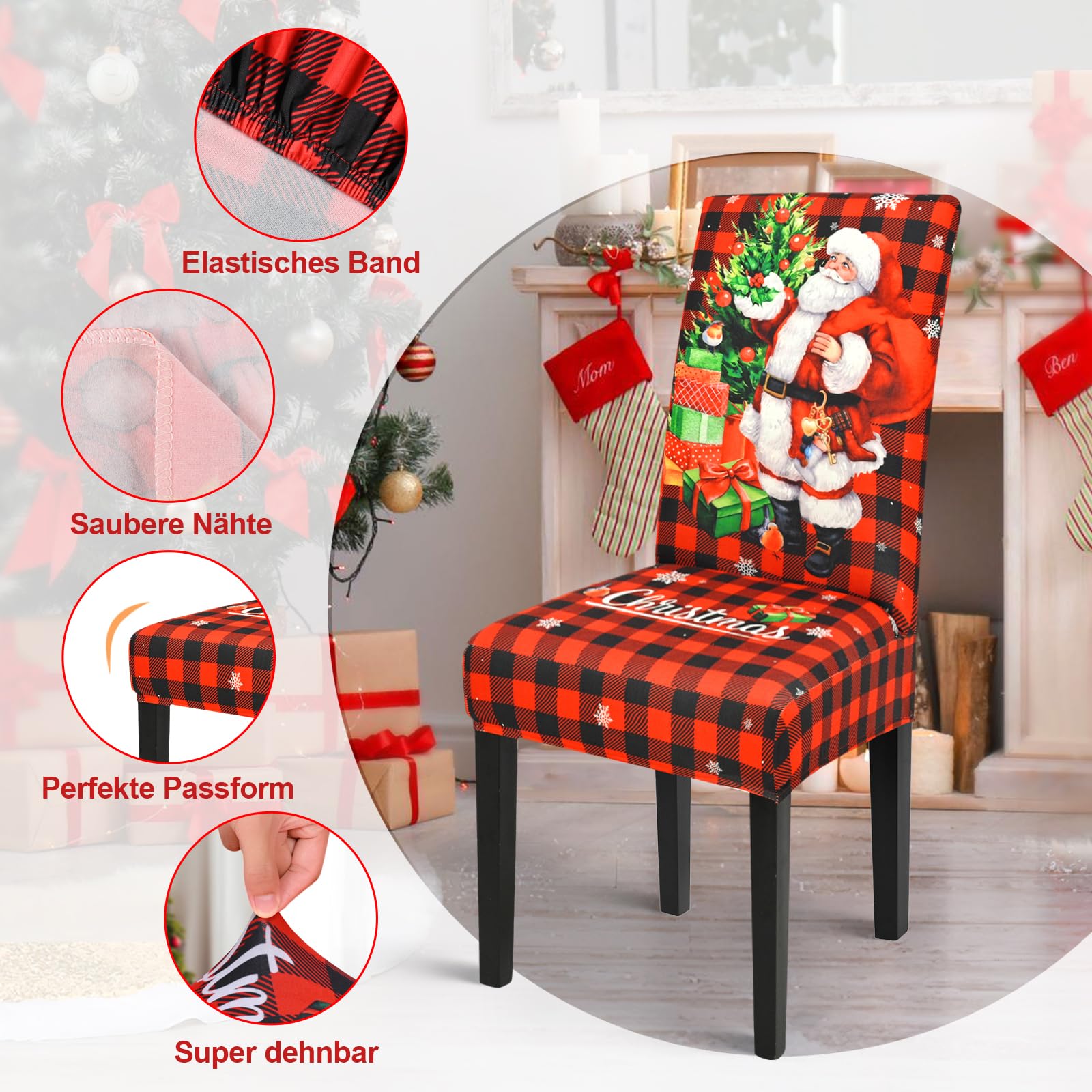NIBESSER Coprisedie Natale per Schienale 6 Pezzi Cappello Babbo Natale per Sedie da Pranzo in Velluto Glitterato Elasticizzato Coprisedie Natalizie Rosso per Cenone Festa 49x60 cm