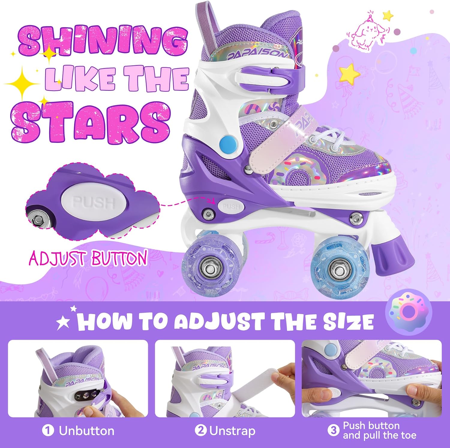 PAPAISON Adjustable Roller Skates for Girls Illuminating Wheels, Kids Toddler Rollerskates Ages 4-6 5-8 8-12 - Image 2