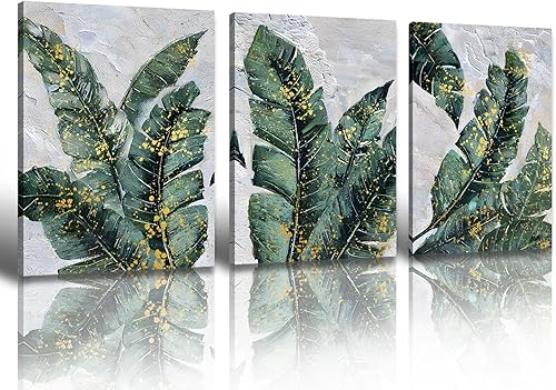 BLINFEIRU Juego de 3 arte de pared botánico verde esmeralda, impresiones en lienzo de hojas de plátano tropicales, imágenes enmarcadas de plantas