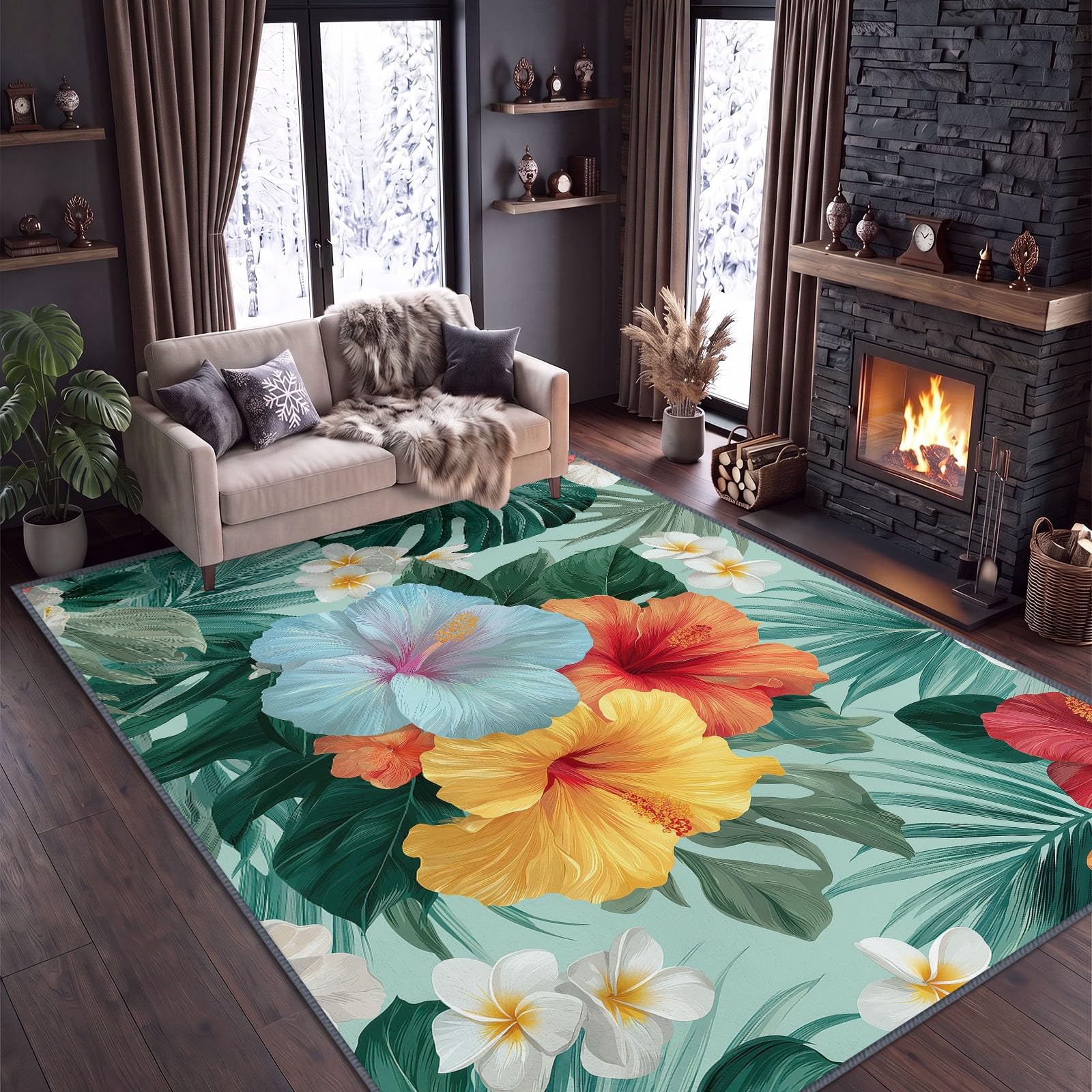 Tapis en Flanelle Douce 160 x 230 cm Feuilles Tropicales D'Hibiscus Palmier Tapis de Salon, Antidérapant et Lavable en Machine – Idéal Chambre – Poils Courts Facile à Nettoyer, Regardez Le Vert