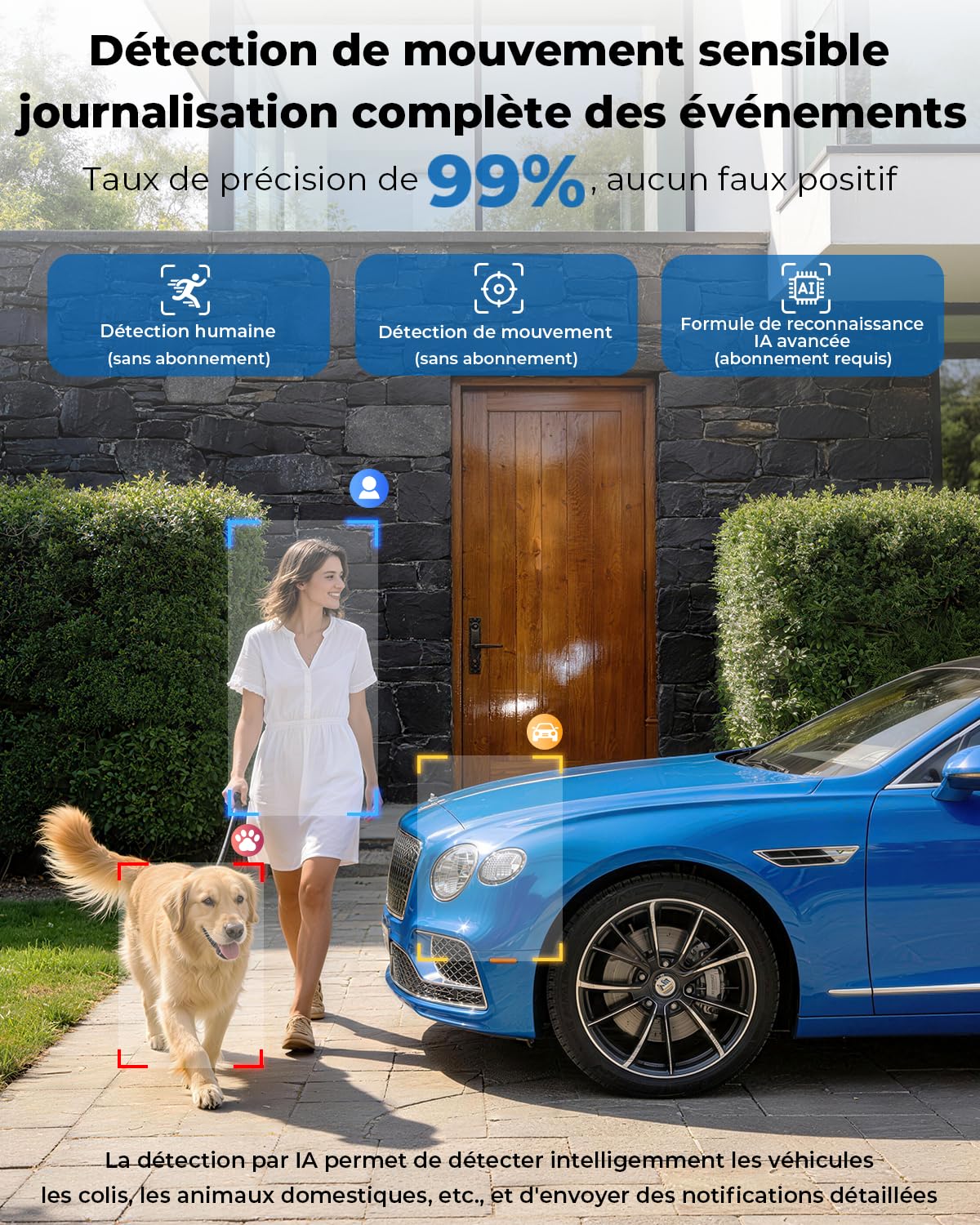 Camera Surveillance WiFi Exterieure sans Fil Solaire 2.5K 4MP avec Panneau Solaire 5W, 2K QHD, Batterie 8000mAh, 2.4G et 5GHz Wi-FI, 360° PTZ Suivi Automatique, IP66, PIR Détection
