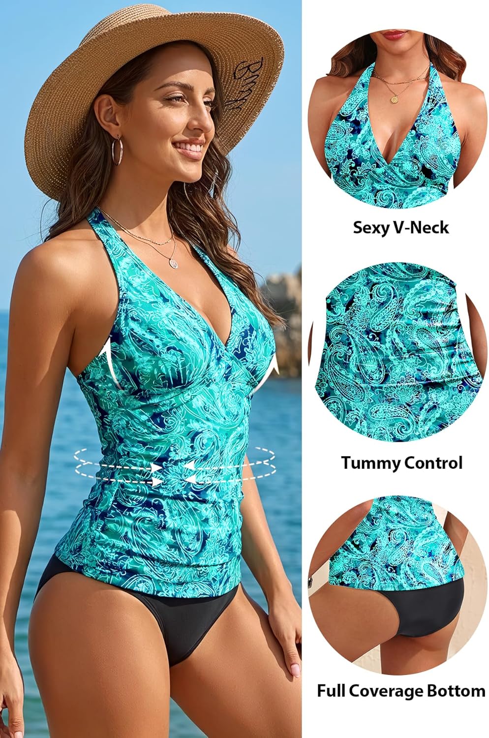 Holipick Two Piece Tankini Bathing Suits for Women Tummy Control Swimsuits Sexy V Neck Halter Tankini Top with Bikini Bottom - Image 4