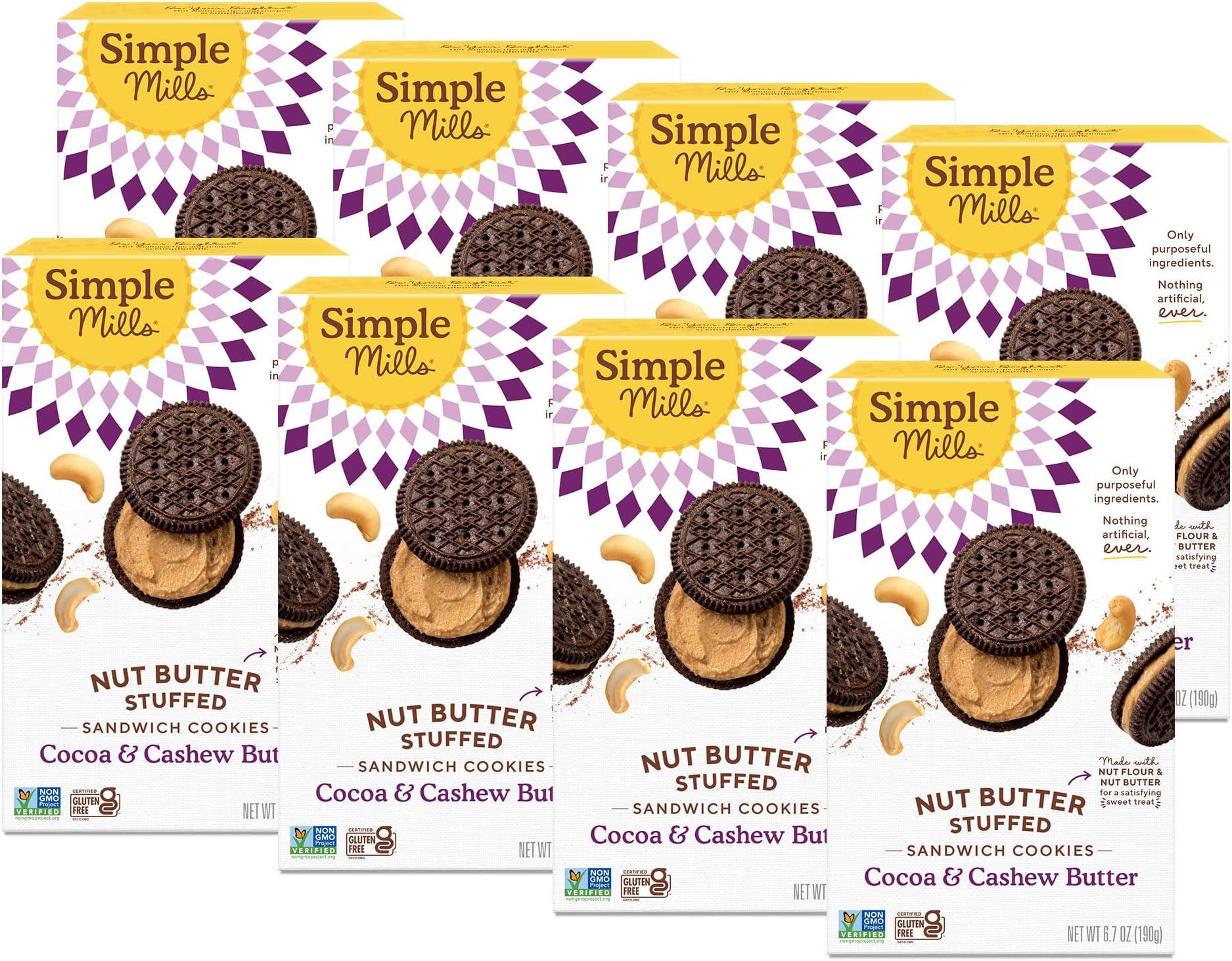 Simple Mills, Cocoa Cashew Crème Sandwich Cookies - Gluten Free, Vegan (Pack of 8)