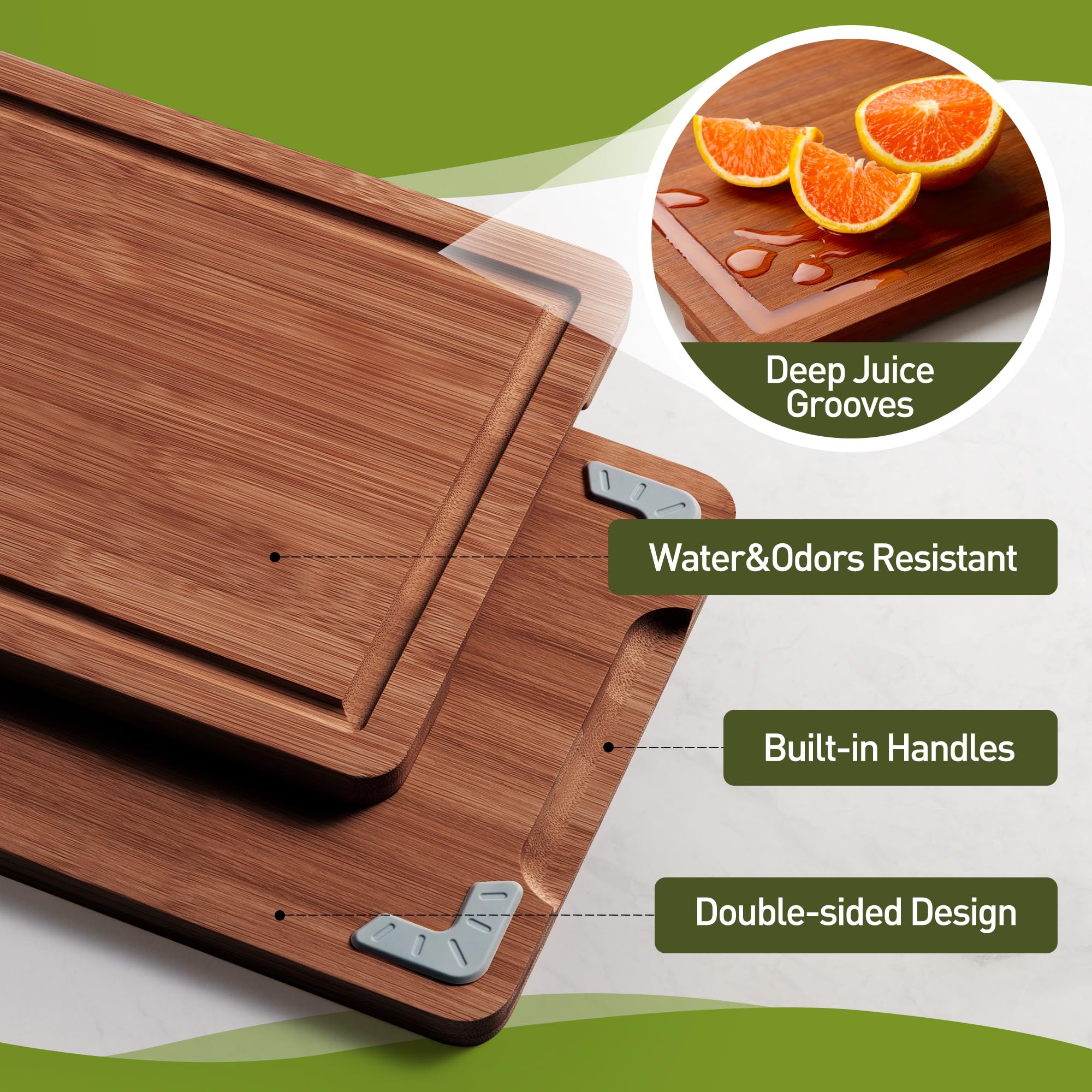 Socisen Juego de tablas de cortar de bambú de 3 piezas con pies antideslizantes y sobre el fregadero, tablero de madera maciza, ranuras gruesas para jugo, extragrande, grande, pequeña, la mejor