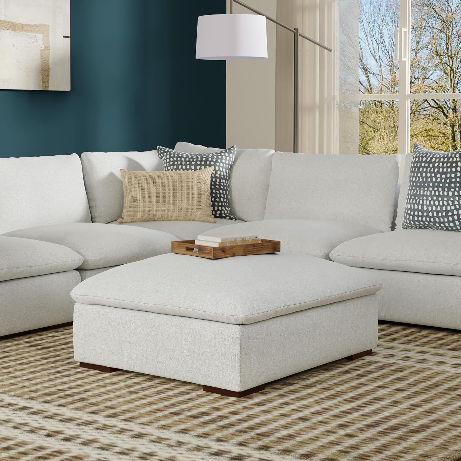 SIMPLIHOME Jasmine Ottoman - 36 inch Wide Upholstered Performance Fabric Rectangle Ottoman in Cloud Grey, Contemporary Bench for Living Room with Pillow Top Cushion and Solid Wood Frame, Assembled