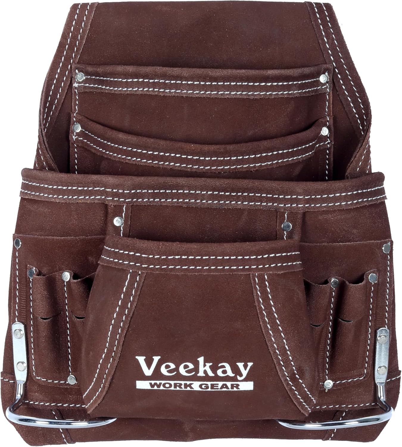VEEKAY 10 Pockets Men Suede Leather Tool Pouch Beige and Brown Color Bags Fastener Carpenter's Nail & Tool Bag Heavy Duty Steel Hammer Loop, Belt Loop for Electrician Technician Installers