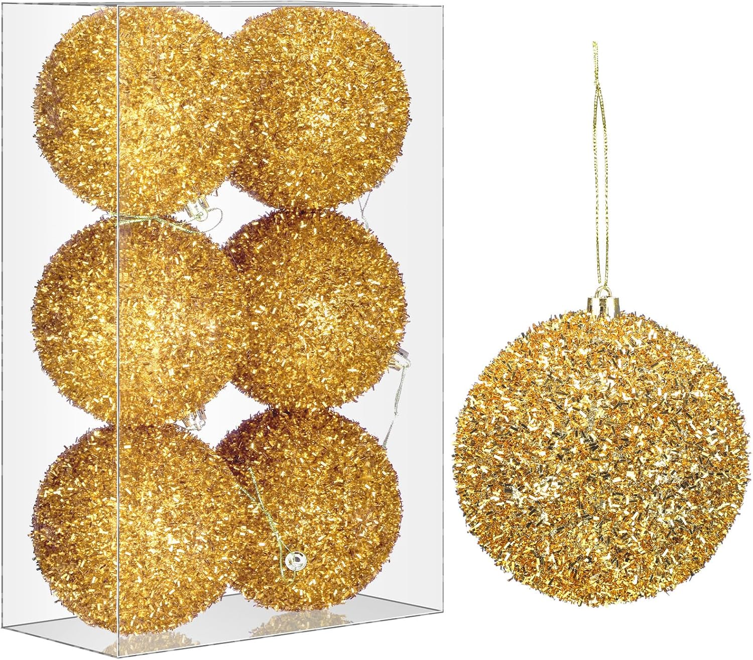 6 Pcs 4 Inch Christmas Tree Tinsel Ornaments for Tree Glitter Sequin Hanging Ornaments Christmas Tinsel Balls Decorations Shatterproof for Xmas Party Holiday Decor(Gold)