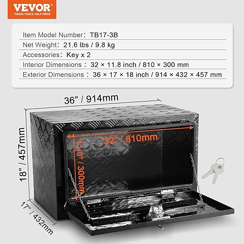 Miniatura 75 de VEVOR Underbody - Caja de almacenamiento para camioneta de 24 x 14 x 16 pulgadas, caja de herramientas de aluminio resistente con cerradura y Negro