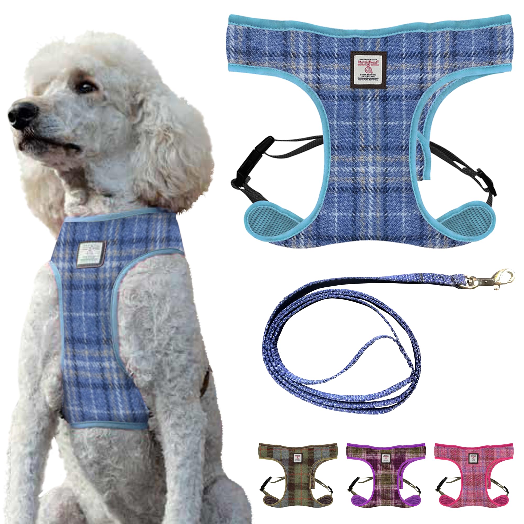 Harris Tweed Tartan Dog Harness and Lead Set - Adjustable Wool Harness with Heavy Duty 1.5M Lead - Small size - Breathable & Stylish Pet Accessory - Blue check