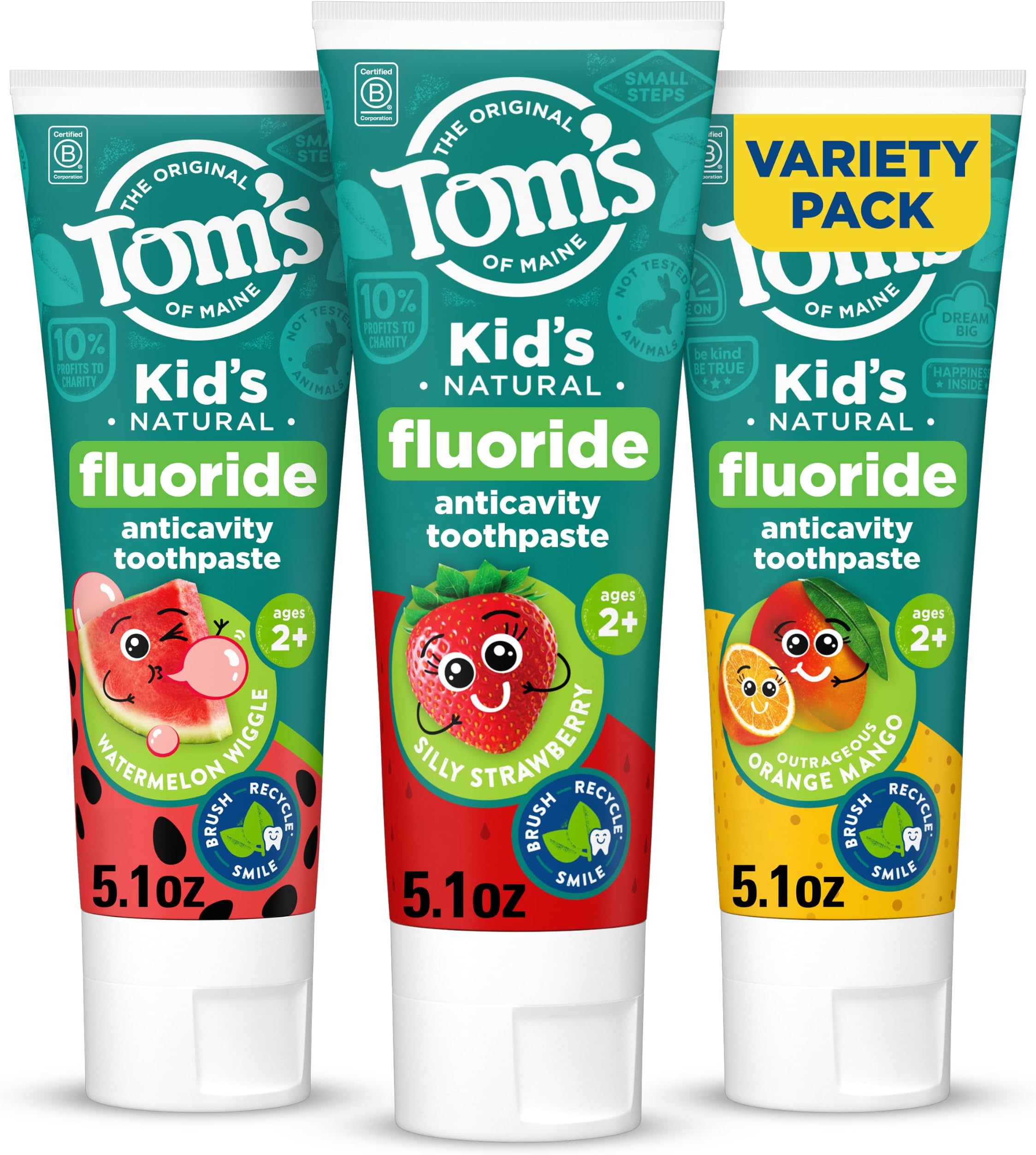 Tom’s of Maine Fruity Natural Kids Fluoride Toothpaste Variety Pack, 5.1 oz | Silly Strawberry, Orange Mango, and Watermelon Wiggle Flavors, Safe for Ages 2 and Up, Fights Cavities, Dye Free, Vegan