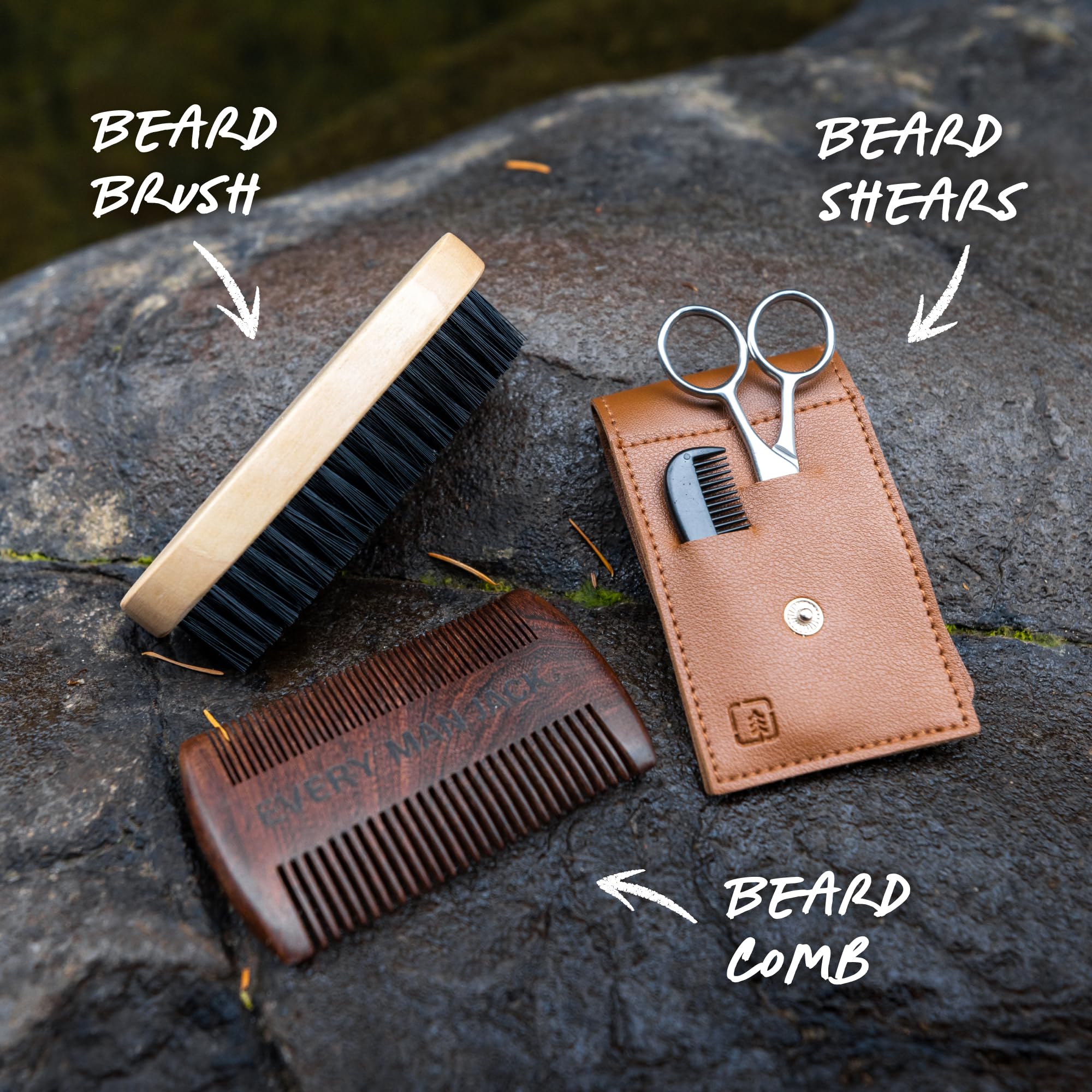 Every Man Jack Beard Grooming Kit for Men - Includes Sandalwood Beard Oil & Beard Balm, Beard Brush, Wooden Dual-sided Comb, Trimming Scissors and Mustache Comb