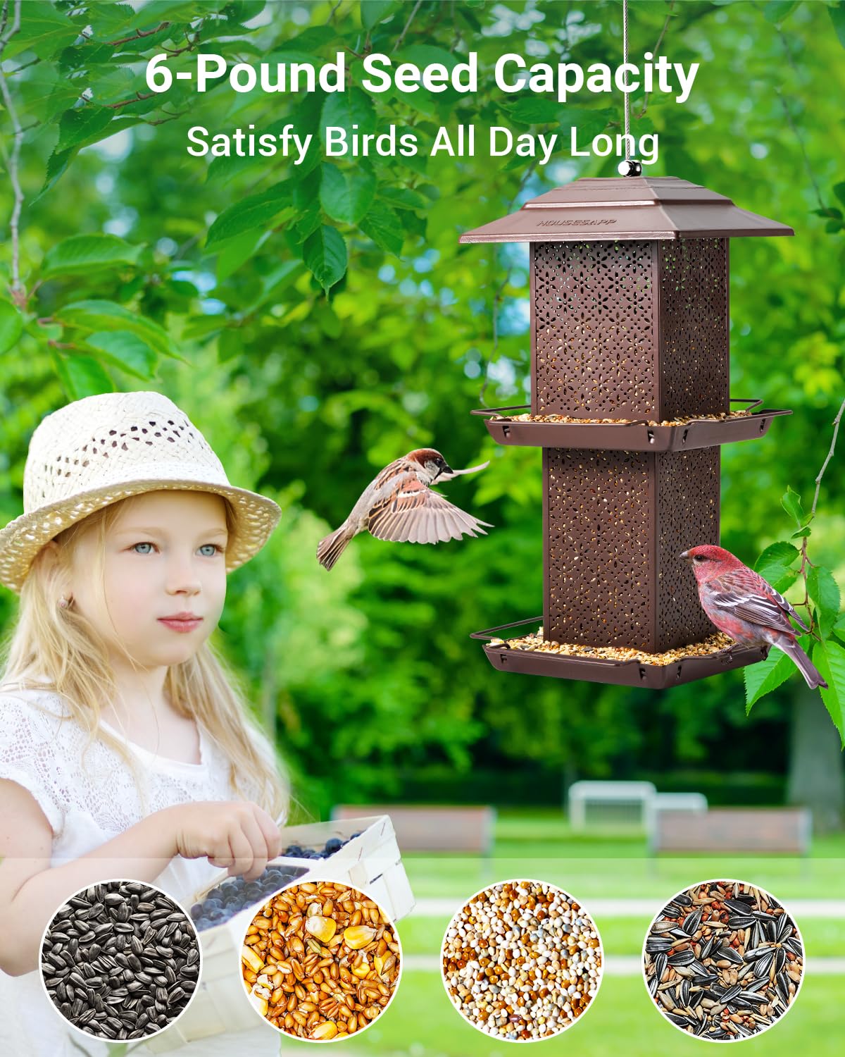 HouseSapp Vogelfutterhäuschen, hängend, aus Metall mit großem Fassungsvermögen und zwei Etagen, 2,7 kg, bissfest, wetter- und wasserfest, für Wildvögel, Dekoration für den Außenbereich und den Garten