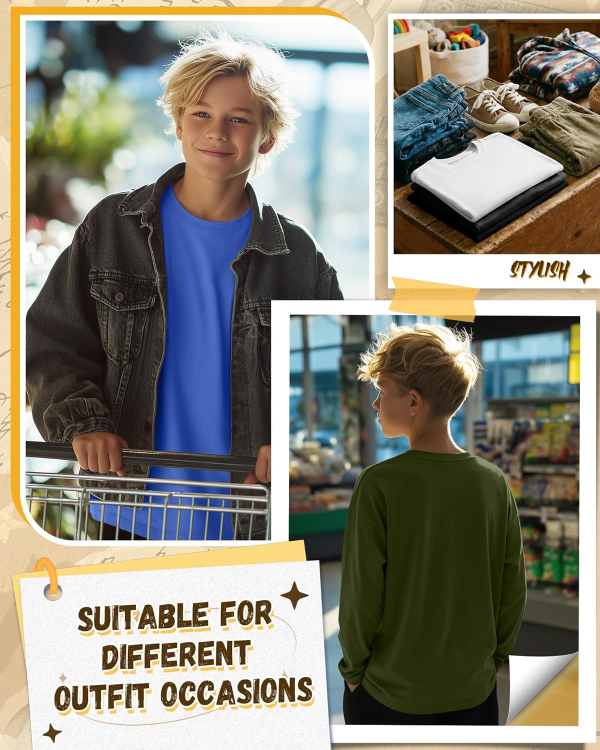 5 Pack Boys' Long Sleeve Shirts 3-16 Years Crew Neck Kids T-Shirts Teen Baggy Casual Layer Solid Tops - Image 2