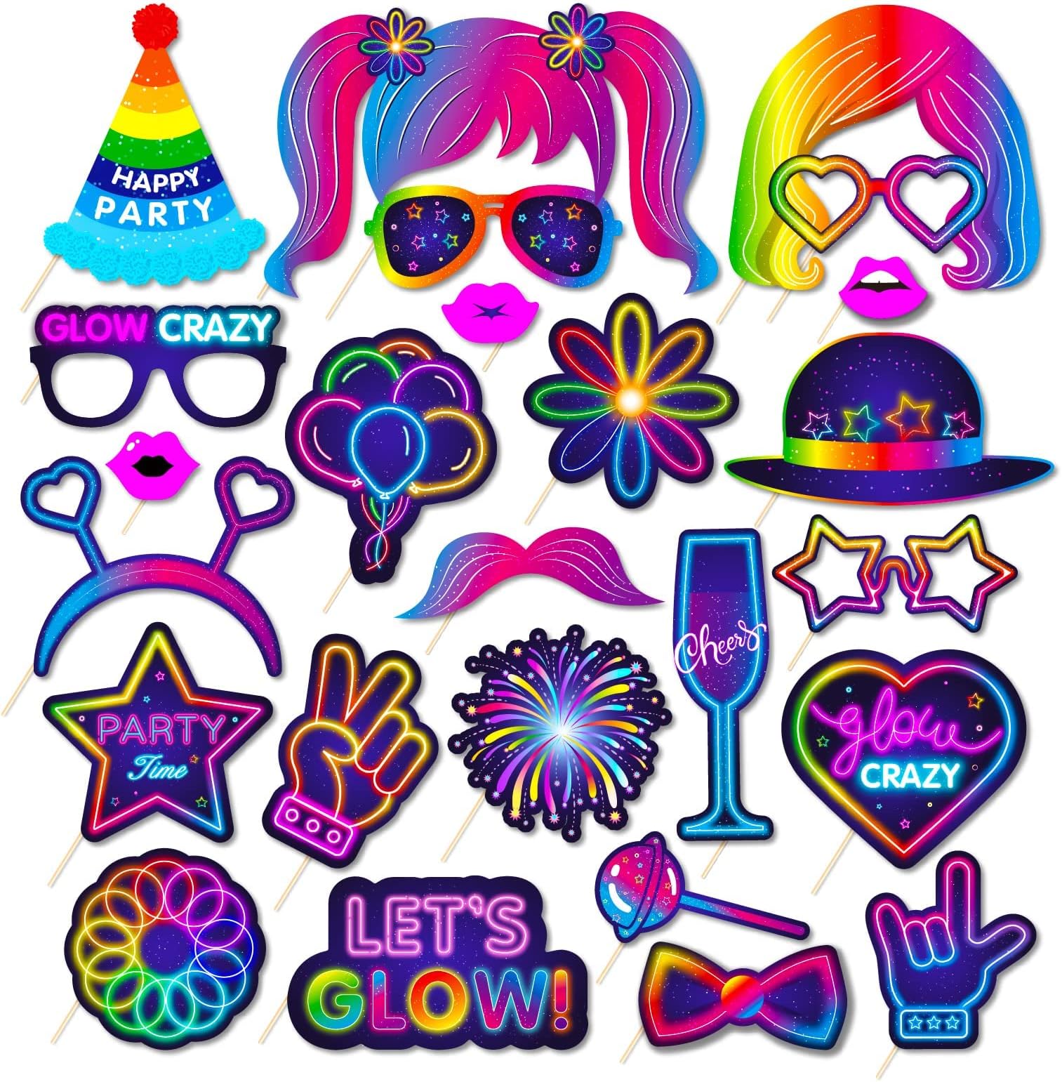 MAKINGTEC 25 Pcs Glow in the Dark Neon Themed Photo Booth Props with Sticks, Glow in the Dark Party Supplies Like Glow in the Dark Party Decorations Disco Black Light Birthday Party Supplies
