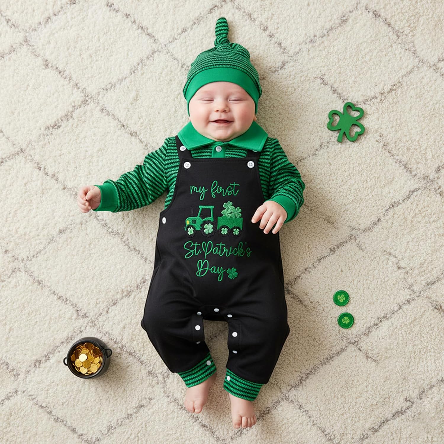 BeQeuewll My First Easter Baby Boy Outfit Infant Stripe Romper Bunny Letter Embroidery Overalls Pants Set Newborn Outfits - Image 2