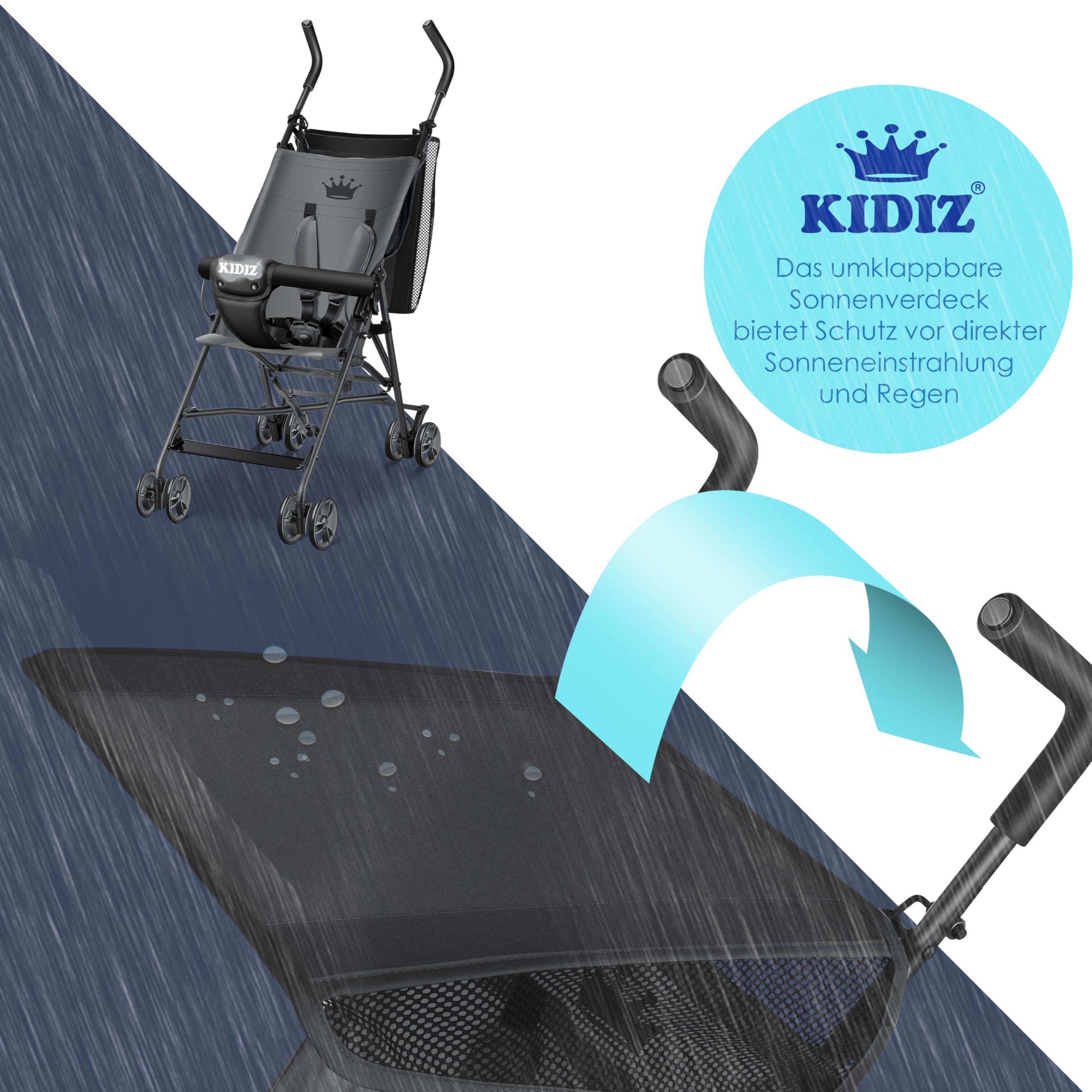 KIDIZ® Kinderwagen CITY Buggy Kinderbuggy klappbar Sportwagen Faltbar 360° 4-Zoll-Räder Inkl. Sonnen- und Regenverdeck zusammenklappbar 5-Punkt-Sicherheitsgurt ab 6 Monate, Anthrazit