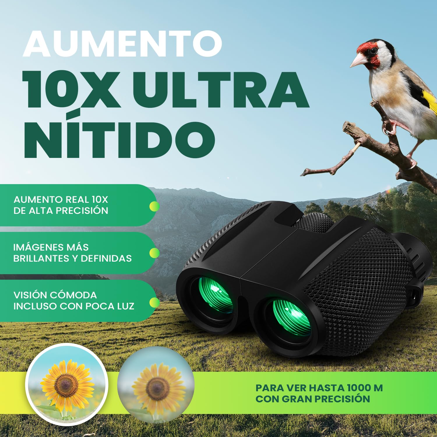Prismaticos Largo Alcance - Prismaticos para Niños y Adultos - Binoculares Pequeños y Potentes 10x25 para Obsevacion para Caza, Aves - Prismas BAK-4 y Lentes FMC.