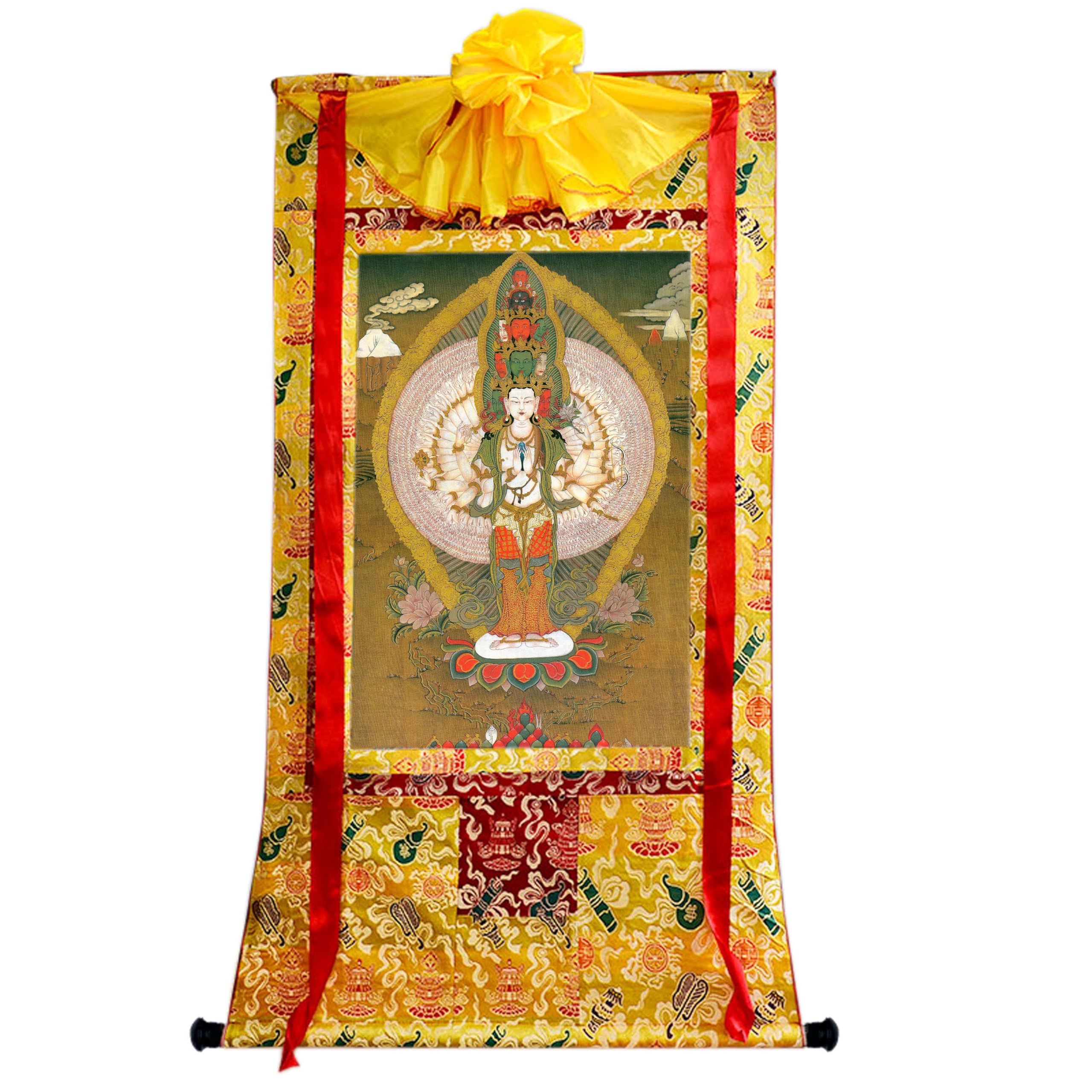 Gandhanra Tibetische Thangka-Kunst–Avalokiteshvara mit 1000 Armen Thangka–Hochauflösender Digital-Giclée-Druck und doppelt handgerahmt - Buddhistische Wandbehang-Tapisserie - 47" x 32"